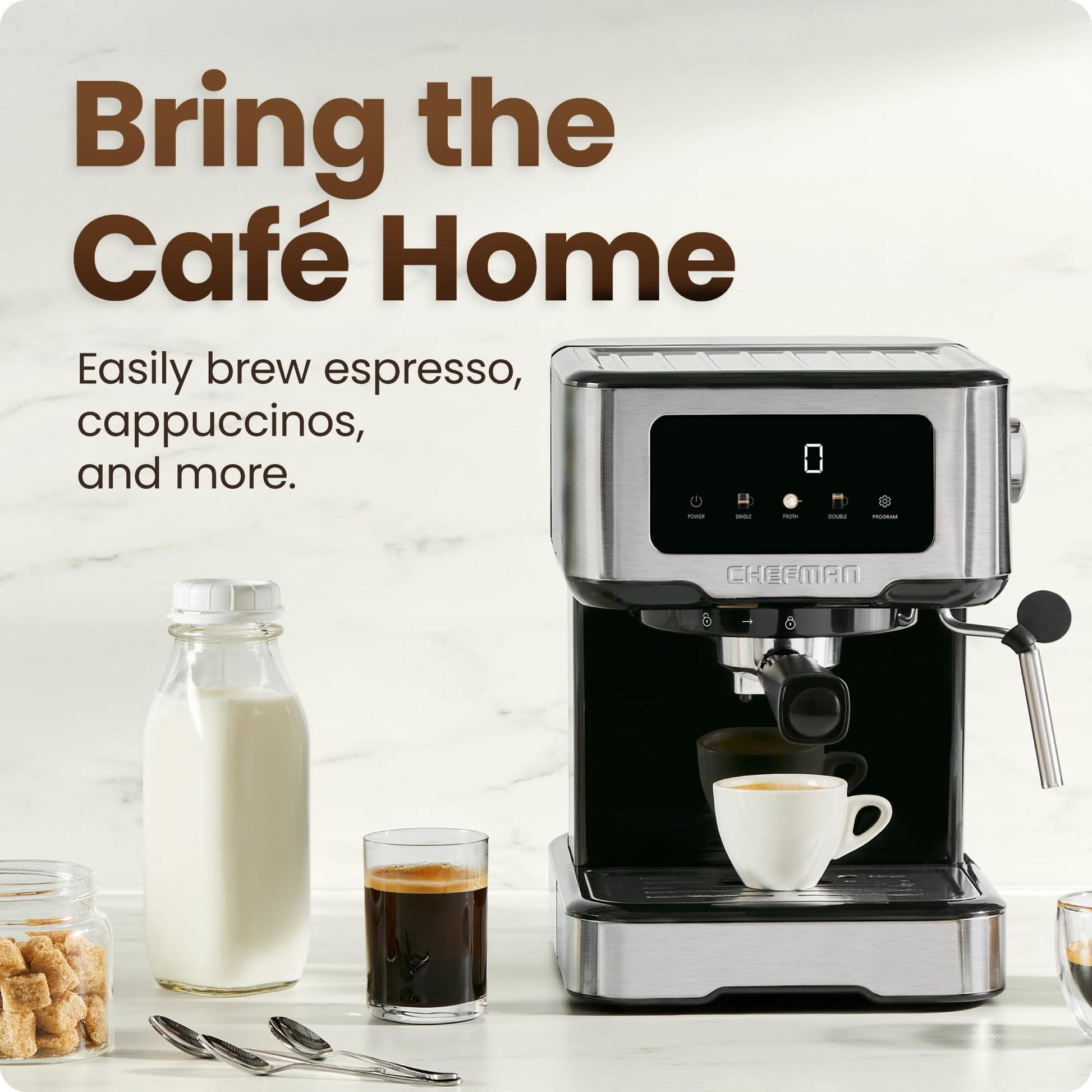 Chefman Máquina de espresso Chefman CraftBrew, cafetera digital con bomba de 15 bares con varilla de vapor para café con leche y capuchino, compacta con depósito de agua extraíble de 1.8L - acero inoxidable