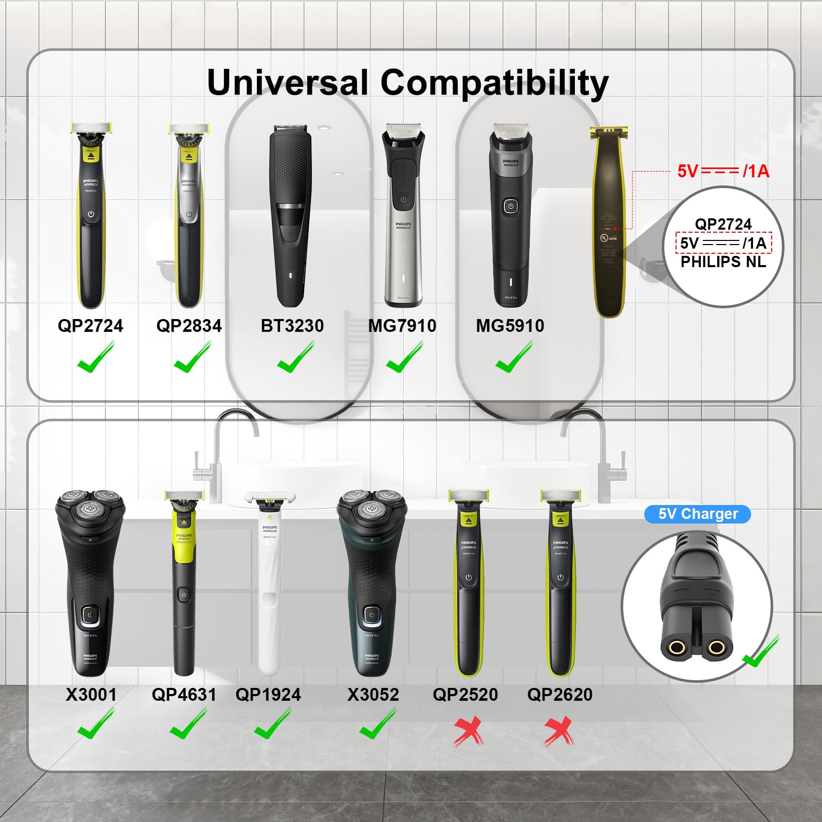 IBERLS Cargador Rasuradora para Philips Norelco OneBlade QP2724 QP2834 QP1924 X3001 X5006 MG5910 MG7910 MG9510 Cable de Carga USB Charger, Cepillo de Limpieza(2pack, 5V)