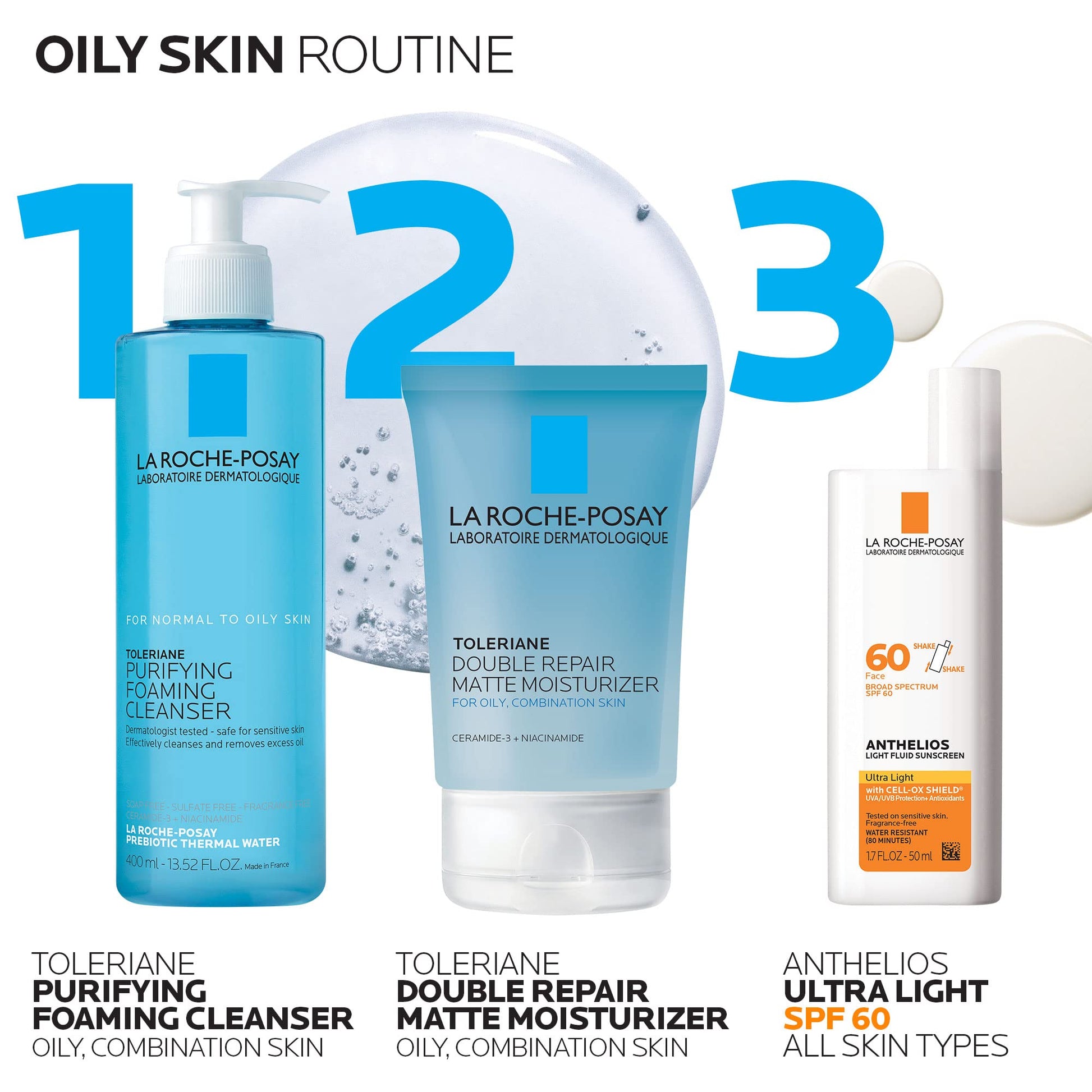 La Roche-Posay - Crema hidratante facial mate de doble reparación Toleriane, humectante en gel diario para controlar la piel grasa con niacinamida, sin aceite