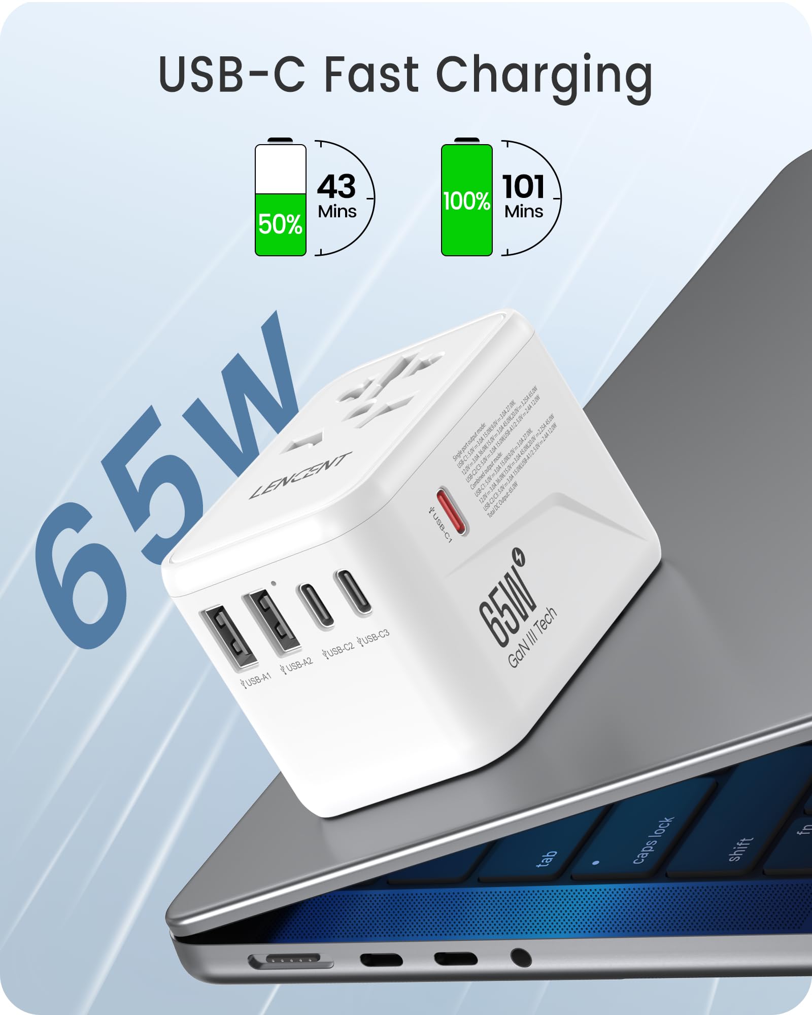 LENCENT Adaptador Universal de Viaje, GaN III 65W Cargador Internacional con 2 Puertos USB y 3 PD USB-C Carga Rápida, Adaptador Cargador Europeo con Enchufe Tipo A/C/G/I para USA/Europa/UK/AUS, Blanco