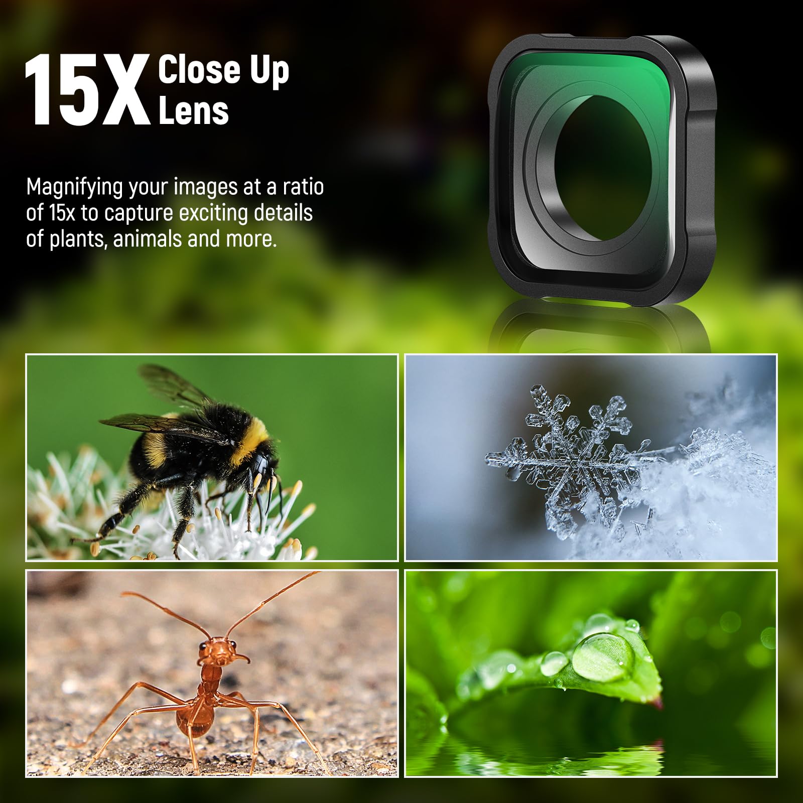 NEEWER 15X Lente Macro Compatible con GoPro Hero 12 Hero 11 Hero 10 Hero 9 Negro Cámara Acción Primer Plano Filtro Antirreflejo Multicapa HD Óptico Vidrio/Marco Aluminio, No Impermeable, LS-31