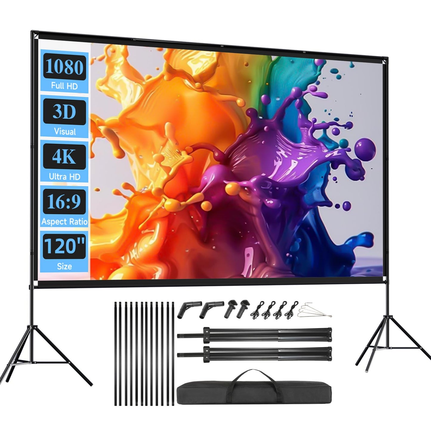 Screenmax - visualización de proyector plegable de 120 pulgadas con bolsa de transporte portátil, visualización de proyección frontal trasera HD 16:9 4k sin arrugas para cine en casa y cine en