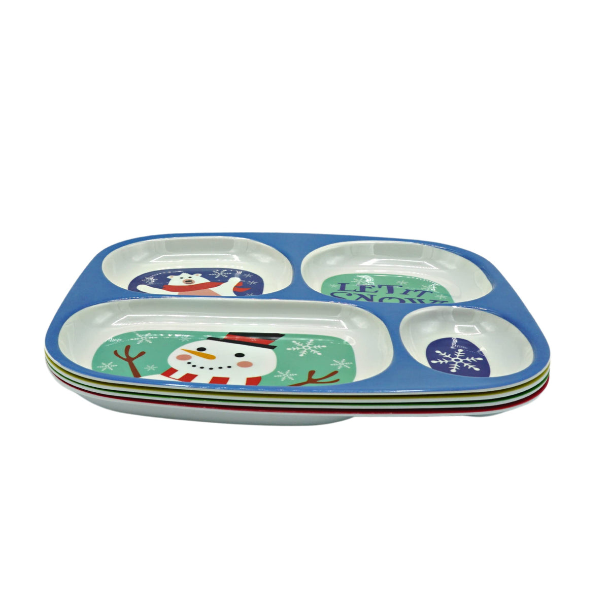 4E's Novelty - Vajilla de Navidad dividida para niños (juego de 4) Platos de cena de plástico de melamina sin BPA seccionales, platos de Navidad para niños pequeños