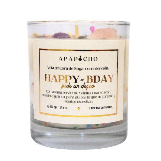 Fuwu, velas aromaticas relajantes Happy Birthday de cera de soya con cuarzos naturales, velas decorativas hechas a mano, aromatizantes para hogar, regalos de cumpleaños (Pastel de vainilla)