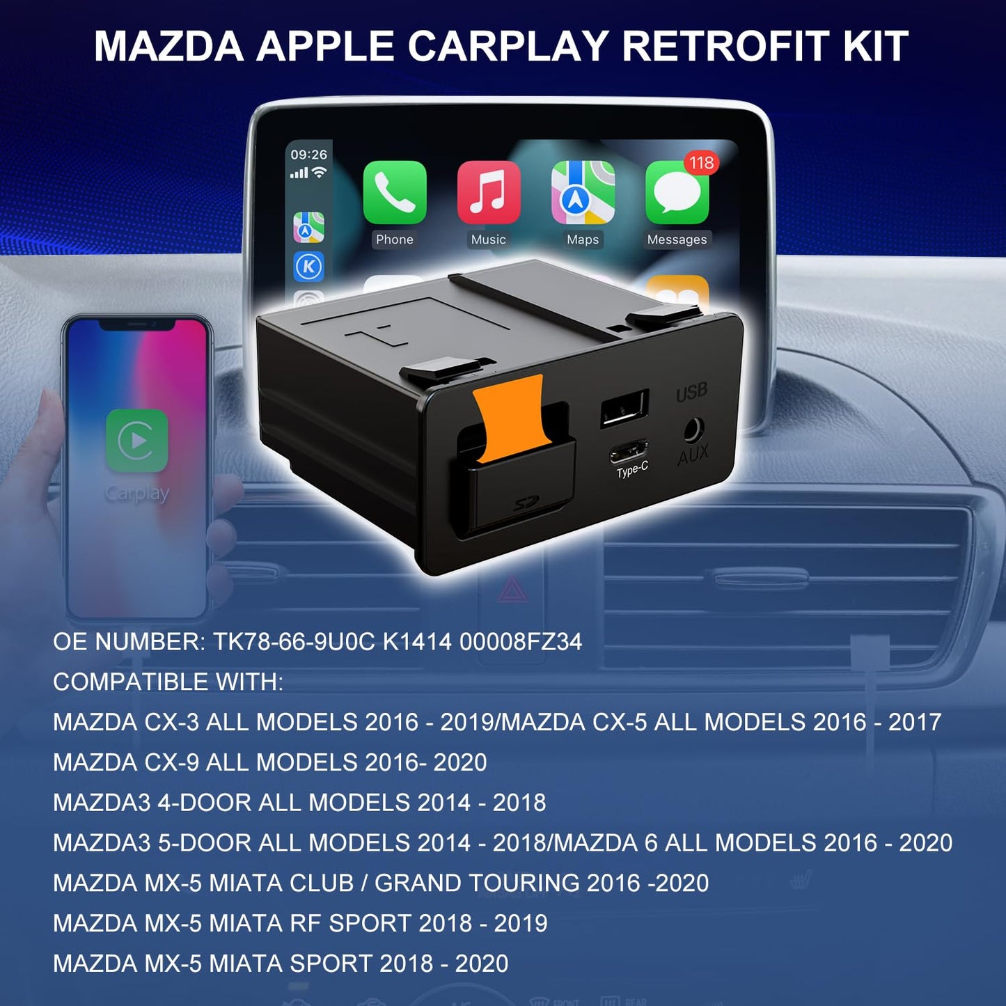 Kit de Reequipamiento Inalámbrico Carplay Mazda Tipo-C Compatible 2014-2019