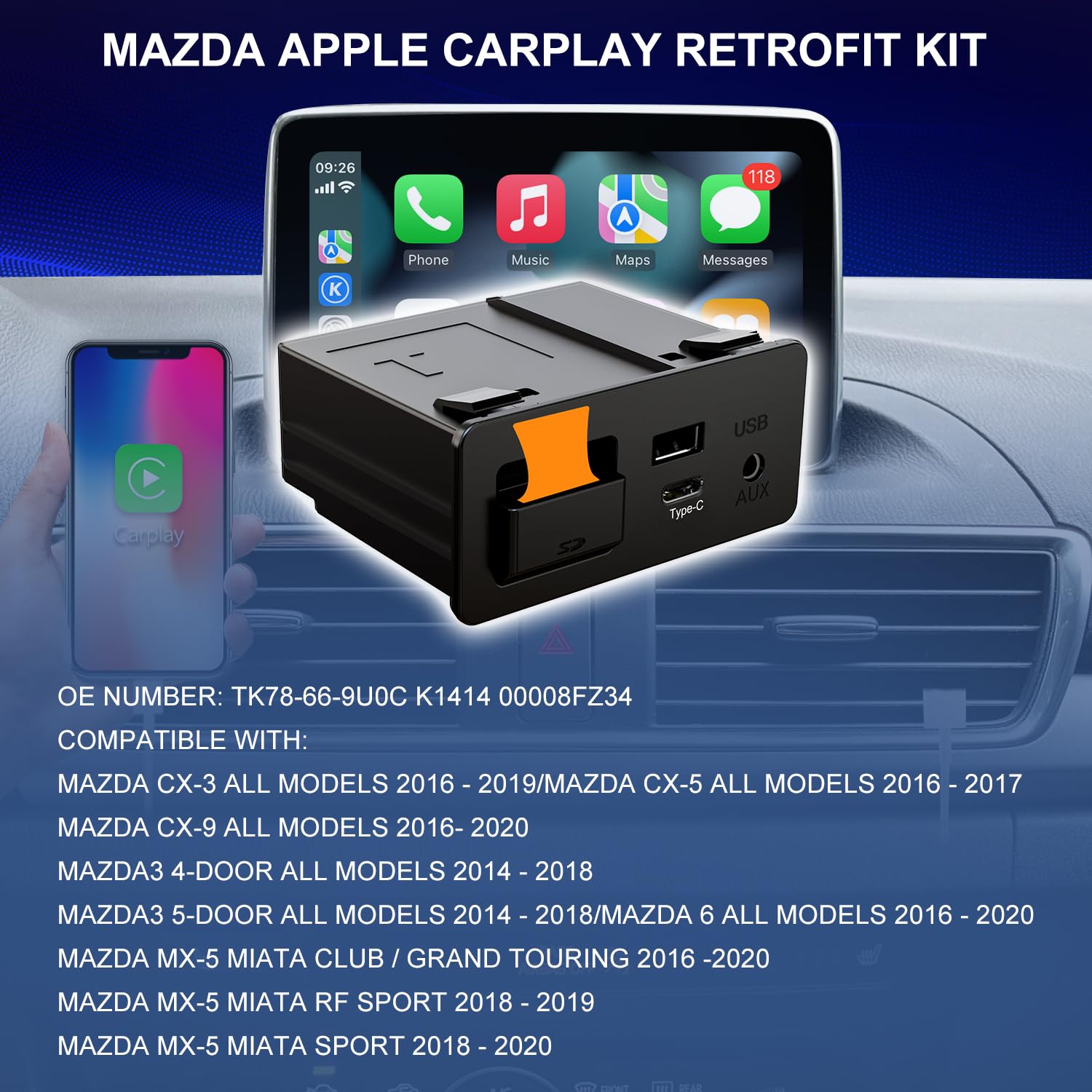 Kit de Reequipamiento Inalámbrico Carplay Mazda Tipo-C Compatible 2014-2019