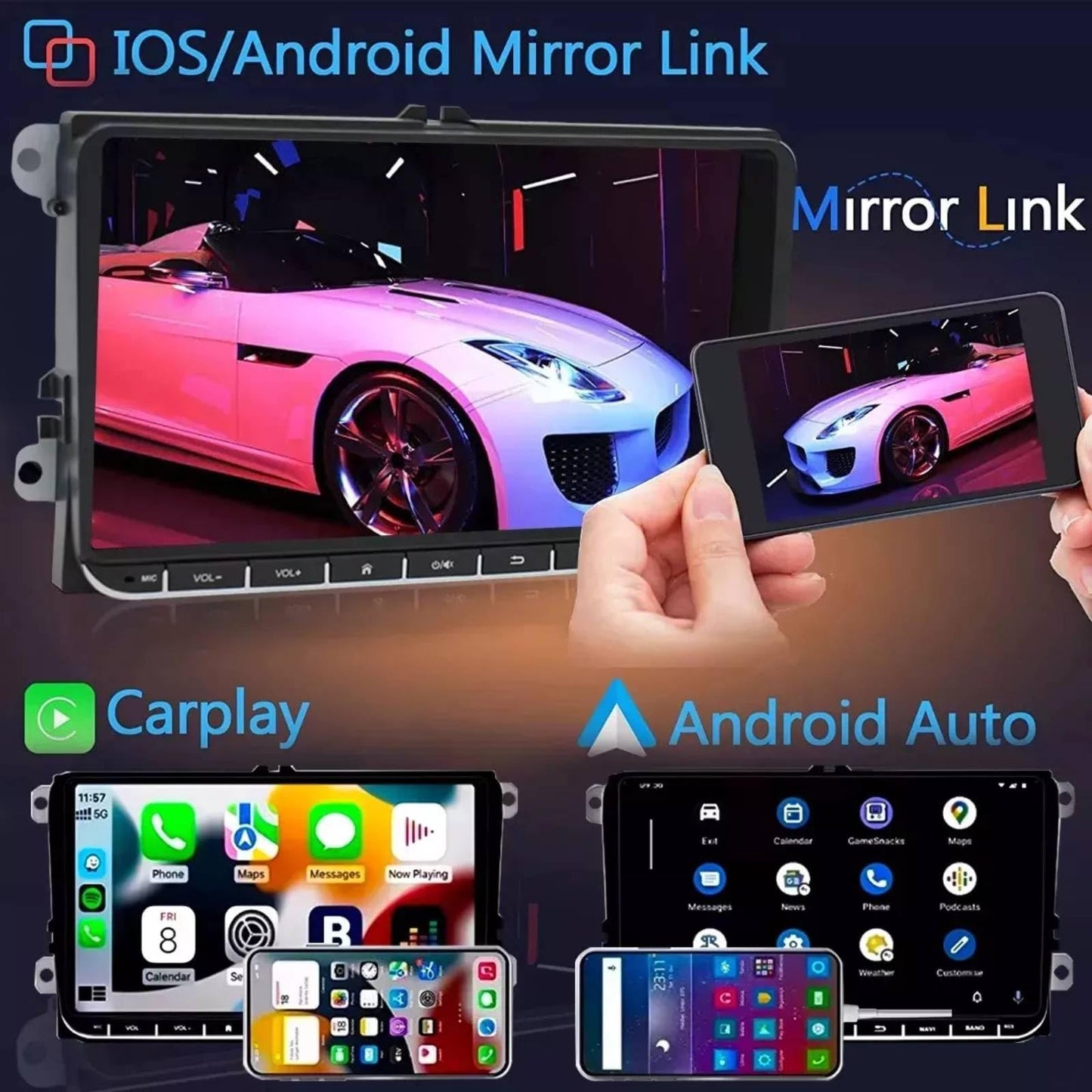 FINYQBET Autoestereos para Carro de 9.1 Pulgadas de de Android 11 de W7060,2+32 Estéreo para Pantalla Carplay para Auto con Android Auto,Mirrorlink,GPS,Control de Volante,RAC y más
