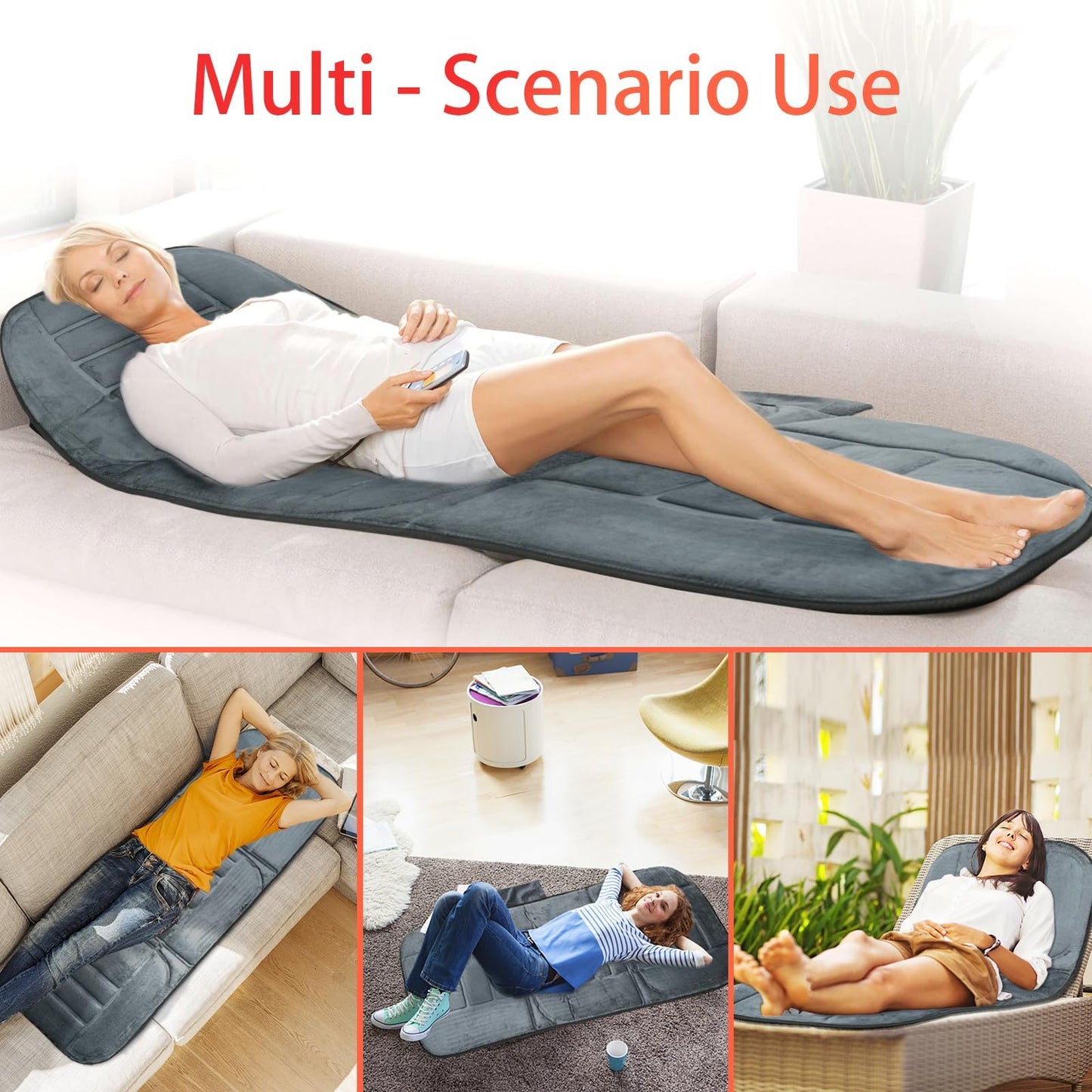CuPiLo - Alfombrilla de masaje de cuerpo completo con 10 motores vibratorios, terapia de calor, negro, 53 x 6 x 17 pulgadas