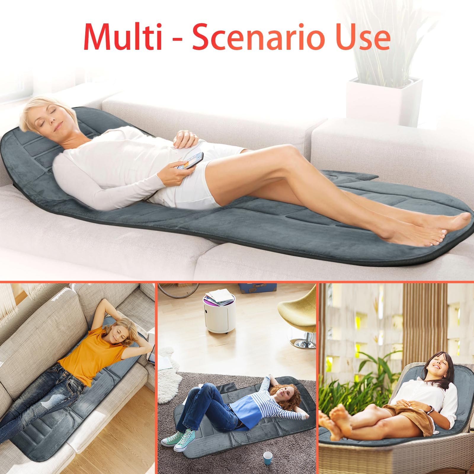 CuPiLo - Alfombrilla de masaje de cuerpo completo con 10 motores vibratorios, terapia de calor, negro, 53 x 6 x 17 pulgadas