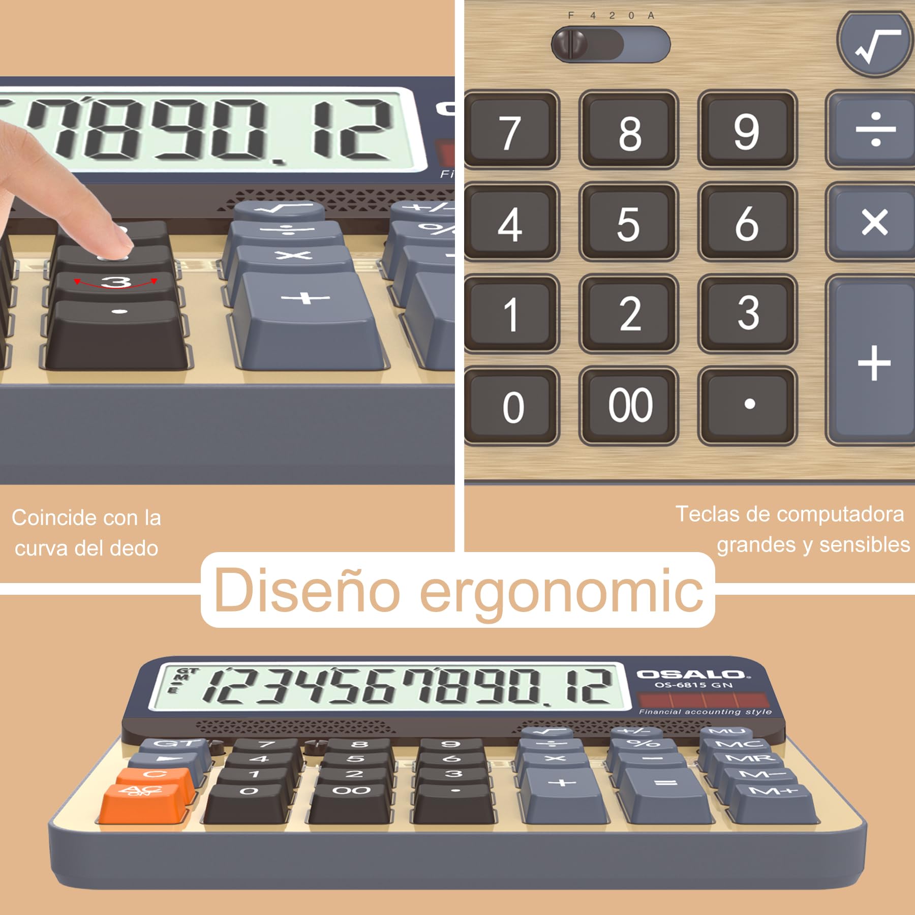 Calculadora de Escritorio Pantalla LCD Extra Grande de 5 Pulgadas Calculadora de Contabilidad de números Grandes de 12 dígitos con botón de Respuesta Gigante, para Office Business Home (OS-6815GN)