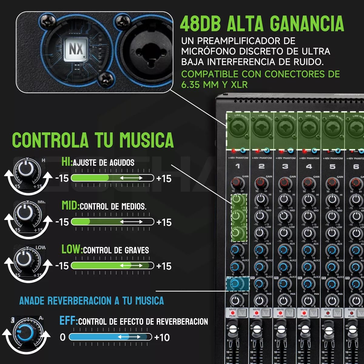 GOCHANMI MX12 mezcladora de audio 12 canales profesional con 48V phantom power Botón Mute USB Bluetooth y Efectos 99DSP y Ecualizador de 8 Bandas para Dj Grabación de consola de audio mixer