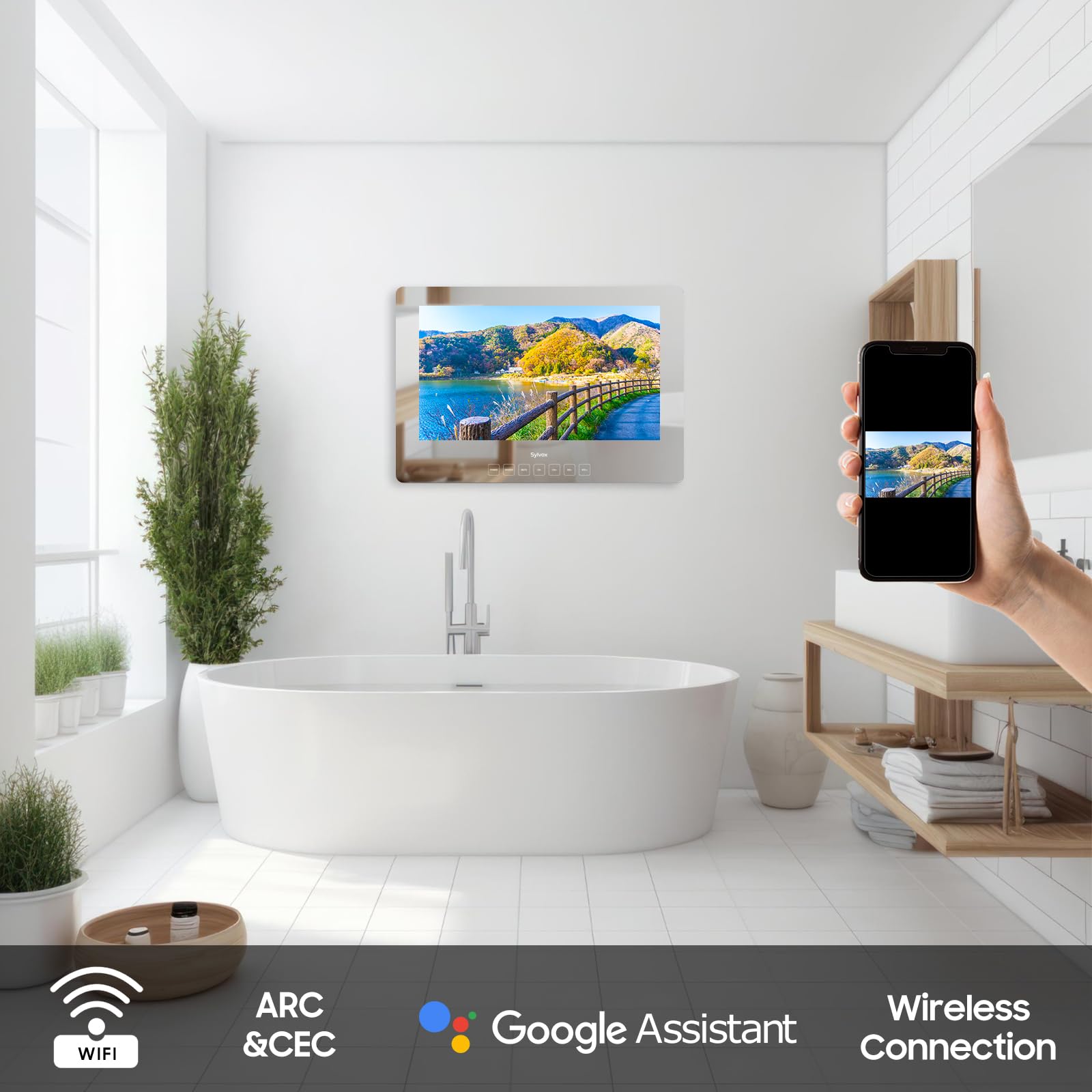 Espejo Mágico de Baño SYLVOX LED 1080P Resistente al Agua Montaje en Pared 24 Pulgadas 500NITS Doble Frontal