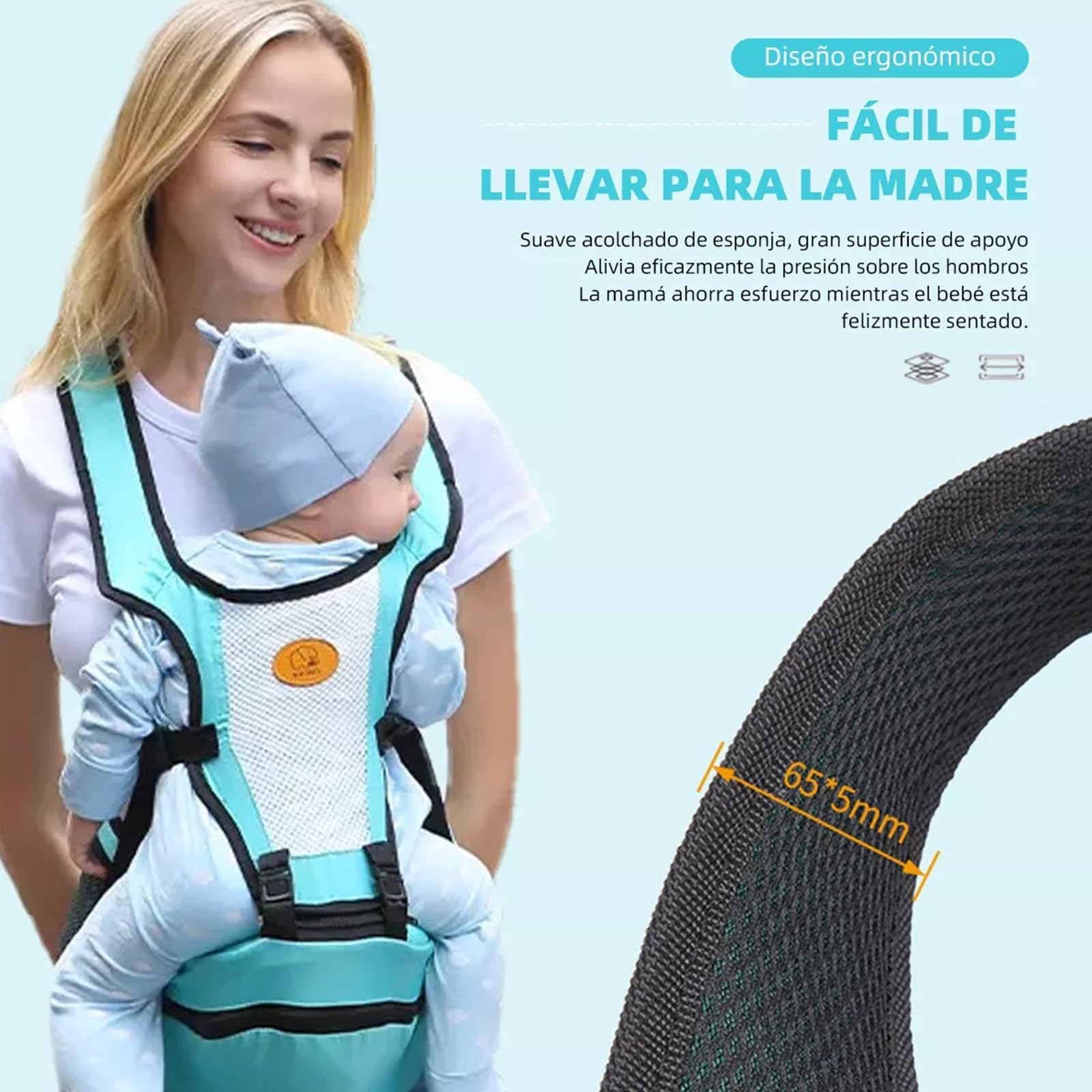 Portabebé Cangurera Multifuncional Azul Acero Con Asiento y Cinturón de Cadera