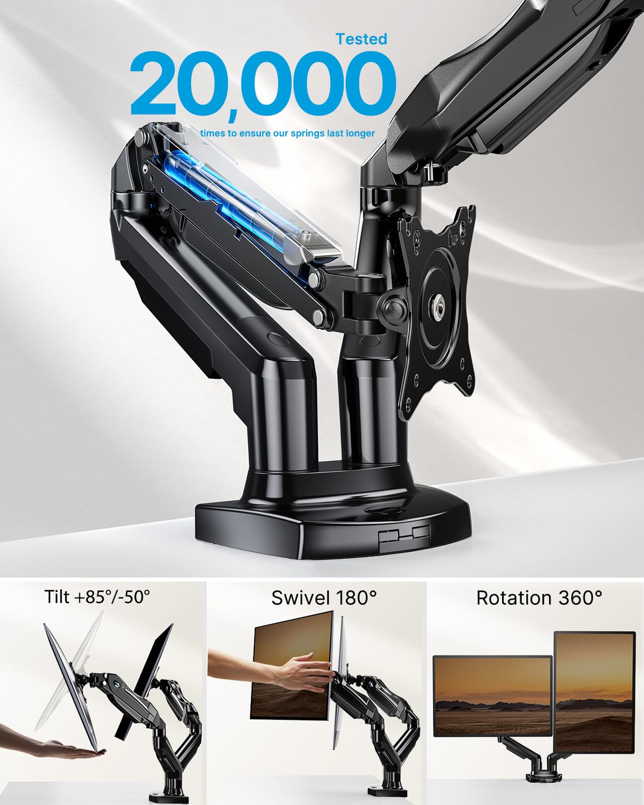 HUANUO Soporte Doble Monitor, Brazo para Monitor Totalmente Ajustable, Montaje VESA con Abrazadera en C y Base de Ojal para Pantallas de 13 a 32 Pulgadas, Cada Brazo Soporta de 2 a 9 KG