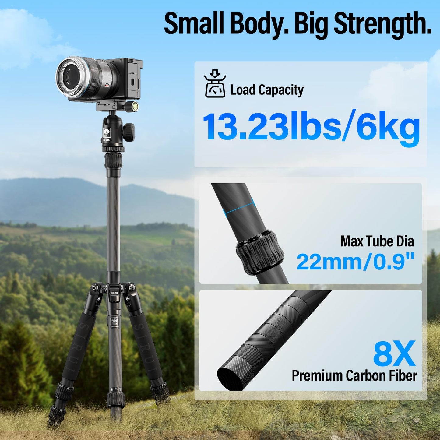 Trípode de Viaje Sirui Fibra de Carbono Compacto y Ligero 55 Pulgadas con Cabeza de Bola panorámica 360°