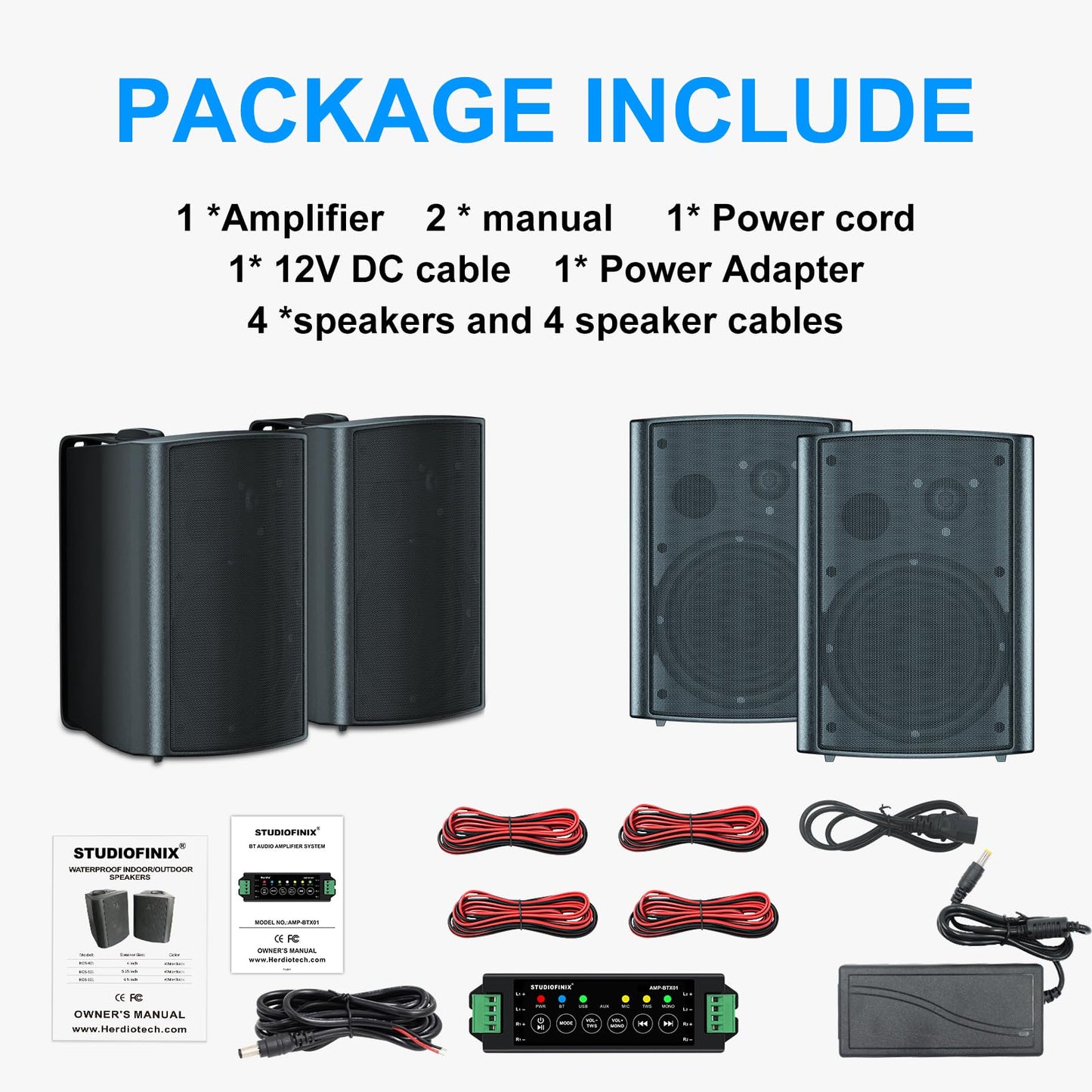 STUDIOFINIX 800W 6.5 Inch Bluetooth Altavoces de Exterior con Amplificador Multifuncional Sistema de Altavoces de Pared Resistente a la Intemperie para Patio Jardín Piscina Casa (4 Altavoces, Negro)