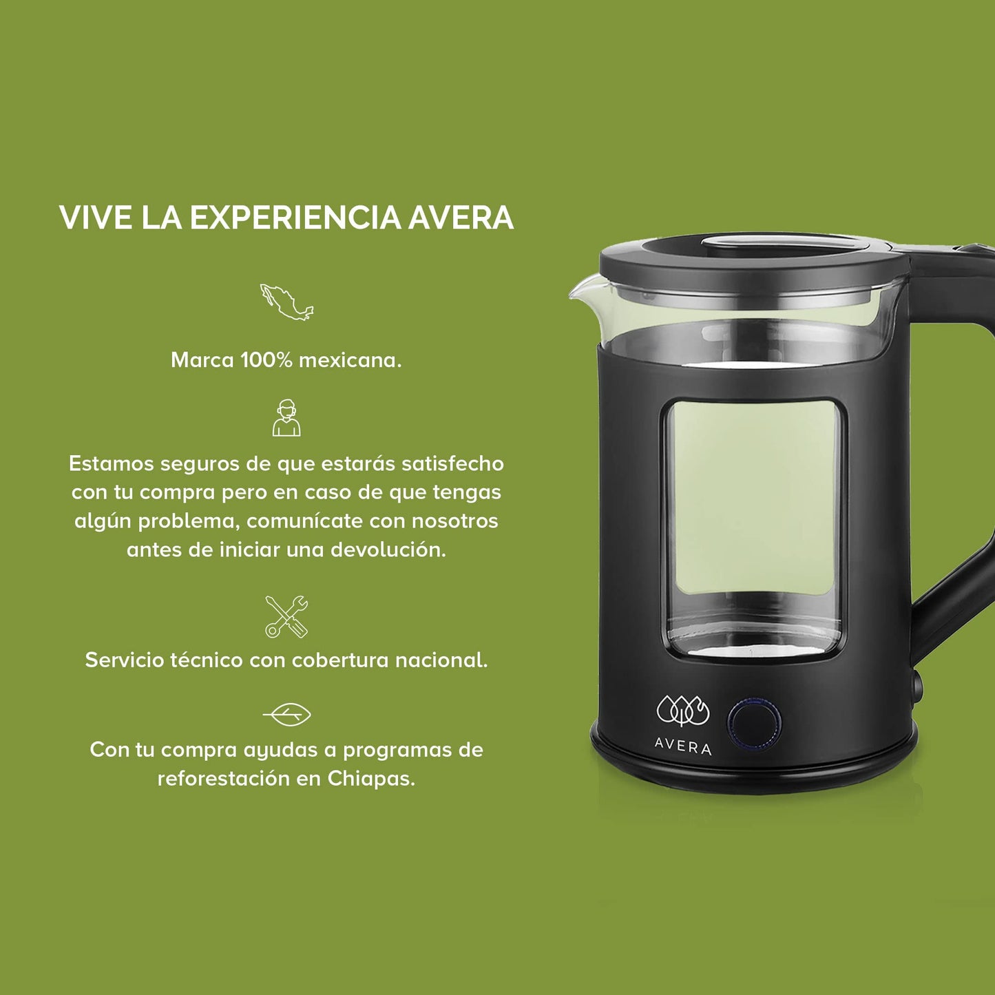 AVERA Tetera Electrica de Vidrio 1.8 Litros 1000W Potencia, Hervidor de Agua Inalambrico, Libre de BPA, Apagado Automatico, Interior Inoxidable, Iluminacion LED, Color Negro