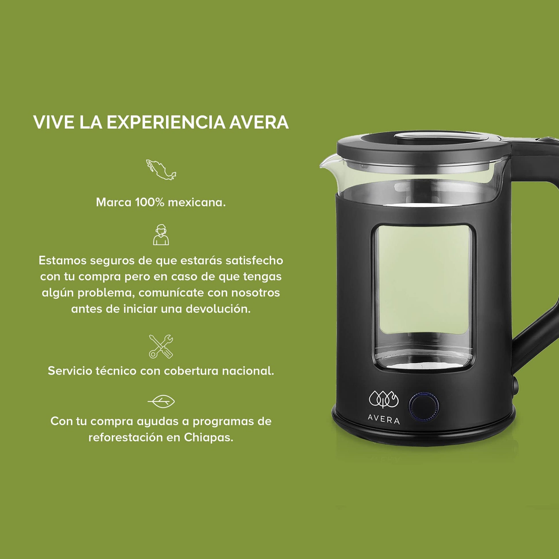AVERA Tetera Electrica de Vidrio 1.8 Litros 1000W Potencia, Hervidor de Agua Inalambrico, Libre de BPA, Apagado Automatico, Interior Inoxidable, Iluminacion LED, Color Negro