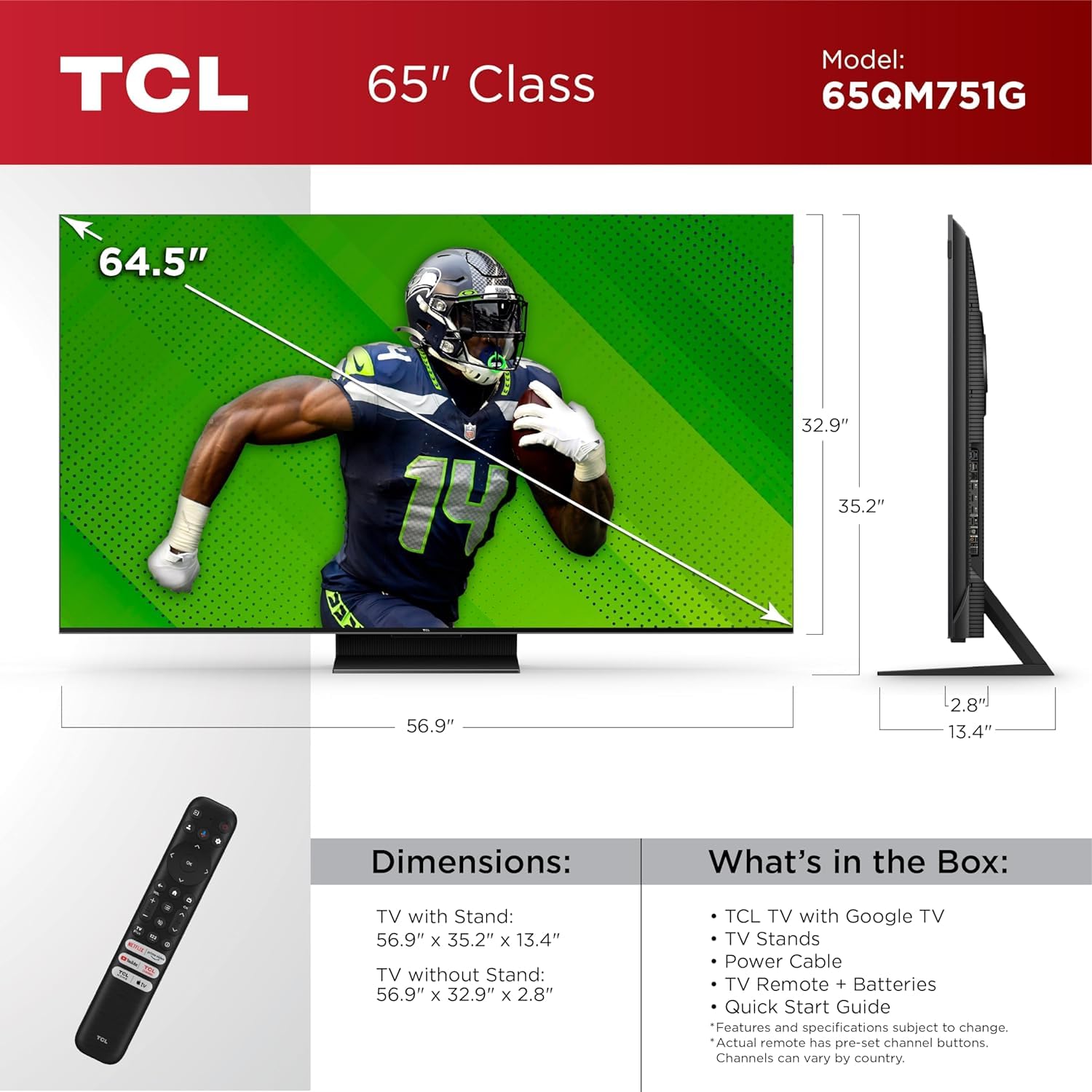 Televisor QLED 4K TCL 65 Pulgadas Negro con Dolby Vision y Atmos HDR 240 Hz Smart TV Google TV Control por Voz