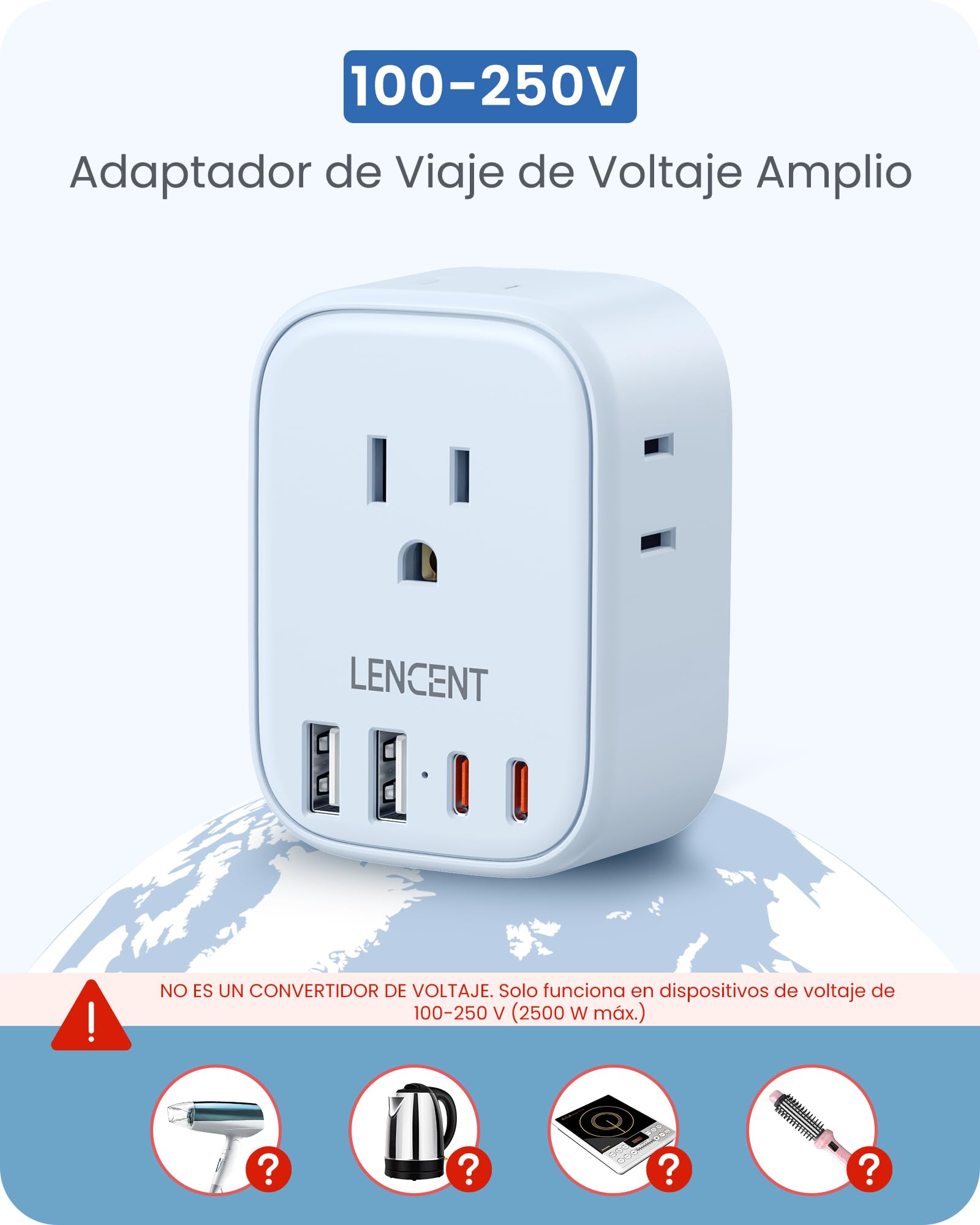 LENCENT Adaptador Europeo Plegable, Adaptador de Corriente con 4 Salidas y 4 Puertos USB (2USB C), Cargador Americano a Europeo para Alemania, España, Italia, Francia, Apto para Cruceros, Azul