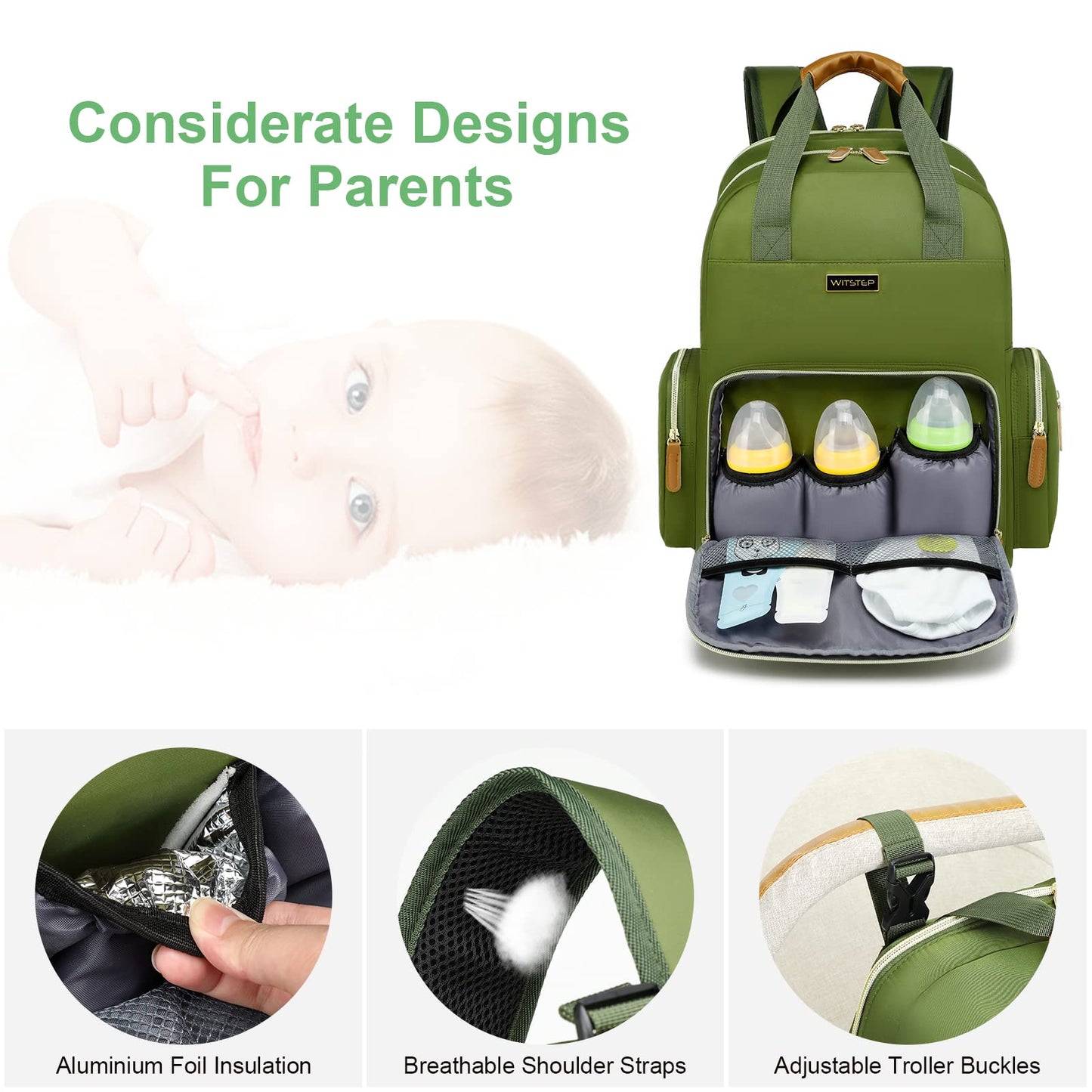 WITSTEP - Mochila para pañales con estación de cambio, organizador de pañales para bebés, para mamás, papás, bolsas grandes para cambiar de bebé, Verde, Mediano, Mochila para pañales con cambiador
