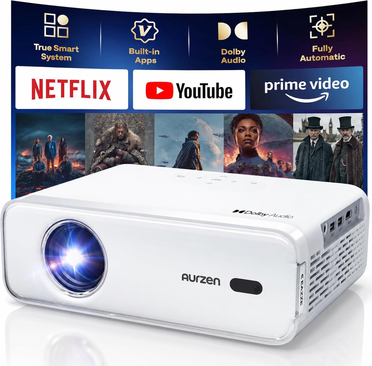Aurzen EAZZE D1 Proyector Inteligente con WiFi y Bluetooth, aplicación con licencia oficial, enfoque automático/corrección trapezoidal, altavoces Dolby Audio de 16 W, nativo 1080P, HDR10, soporte 4K