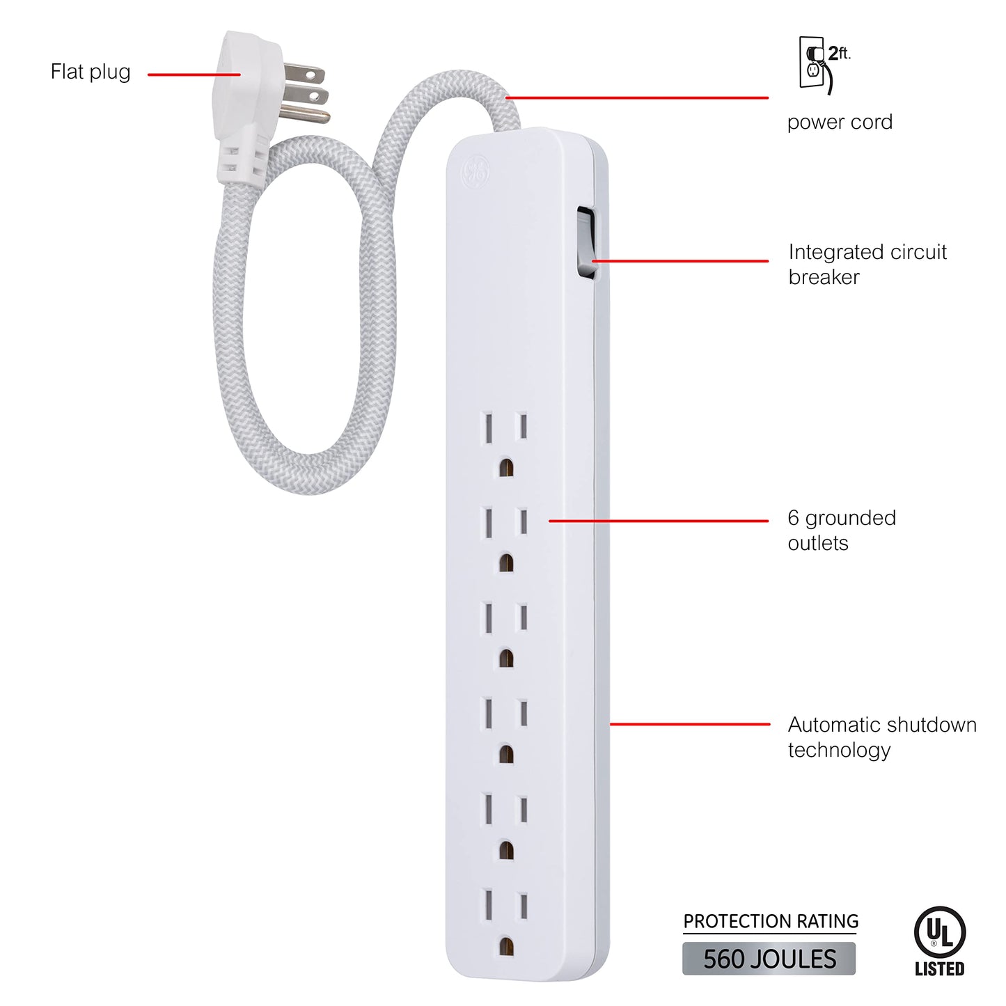 GE Ultra Pro, Multicontactos de 6 Salidas, Enchufe Plano, Cable de Extension Trenzado de .60 m (2 pies), 560 Julios, Certificacion UL, Ranuras para Montaje en Pared, 1 Unidad, Blanco, 45264