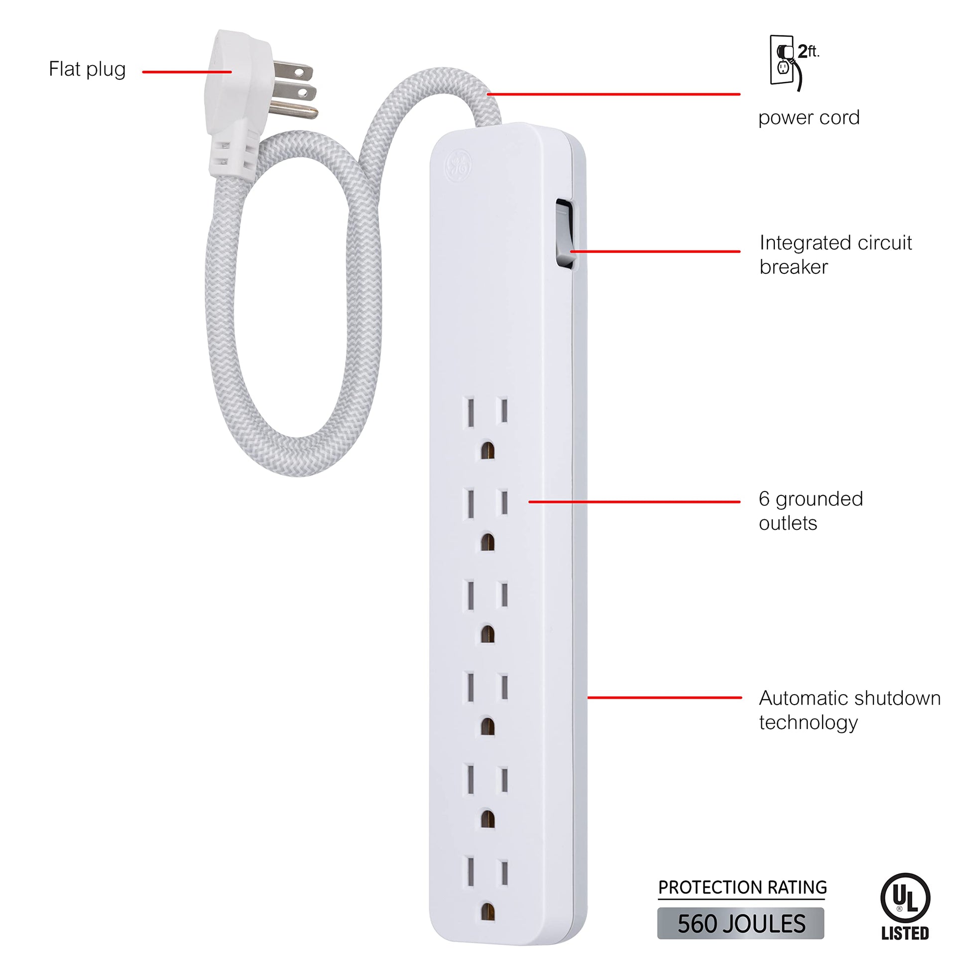 GE Ultra Pro, Multicontactos de 6 Salidas, Enchufe Plano, Cable de Extension Trenzado de .60 m (2 pies), 560 Julios, Certificacion UL, Ranuras para Montaje en Pared, 1 Unidad, Blanco, 45264