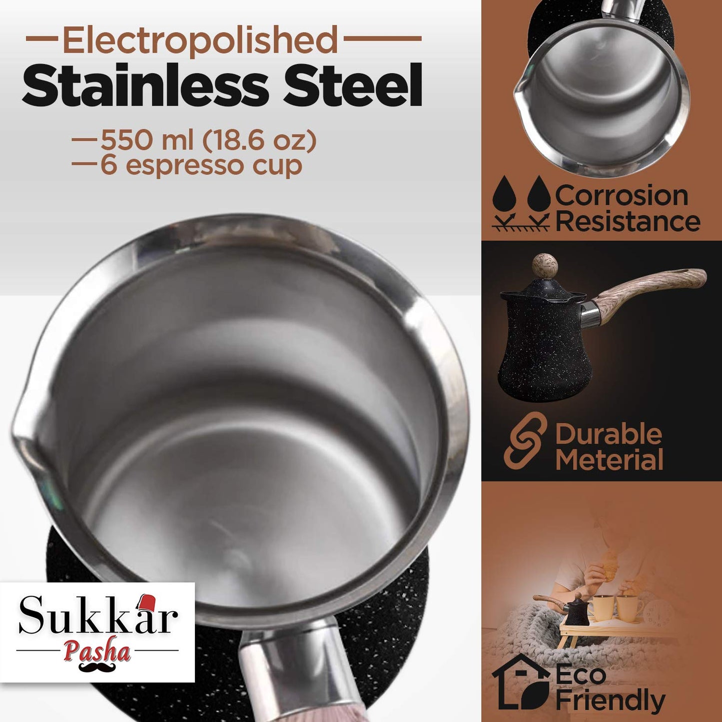 Cafetera Turca Sukkar Pasha Acero Inoxidable 550 ml Multiusos con Tapa