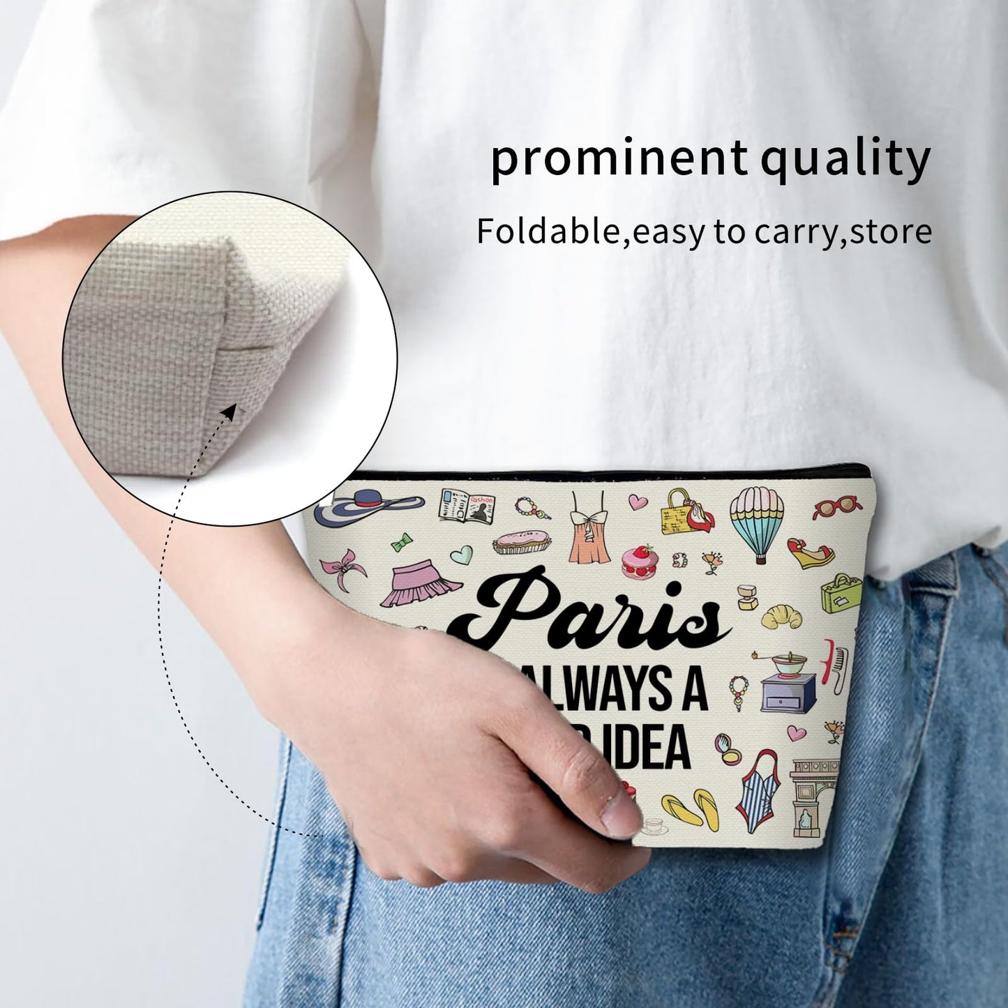 Regalo de viaje inspirado en las niñas: bolsa de maquillaje para adolescentes y mujeres viajeras. Bolsa de cosméticos de regalo ideal para viajes, fiestas, cumpleaños y Navidad, Blanco apagado, París