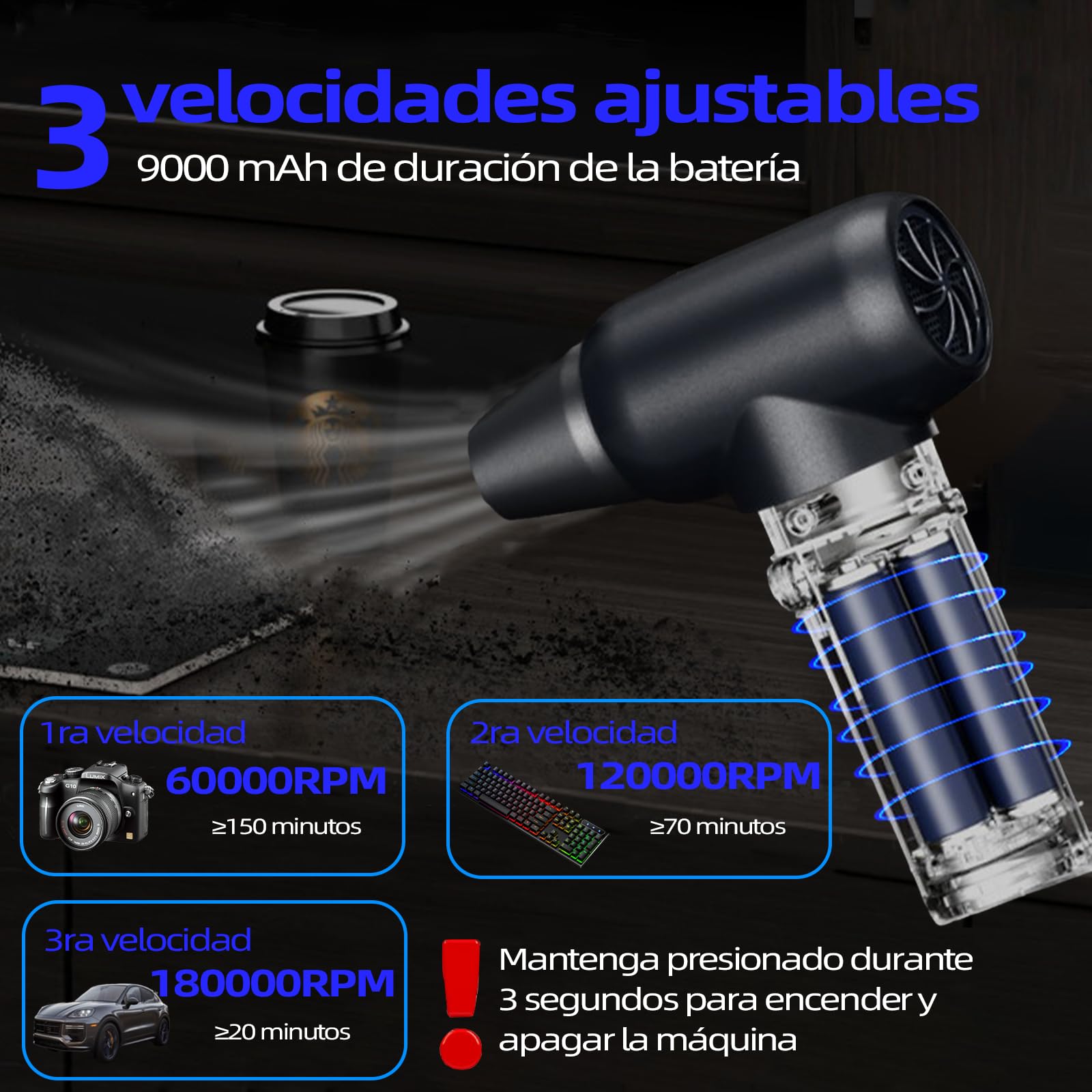 Plumero Aire Comprimido UTJCNVC 180000 RPM potente inalámbrico 9000 mAh para Automóvil hogar y limpieza de teclado y PC