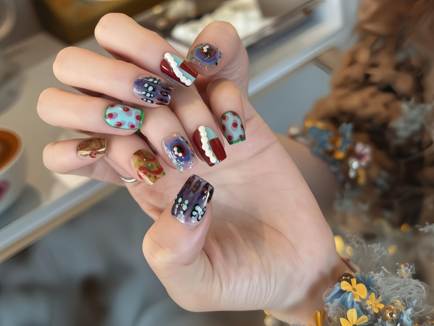 Fine Point Uñas postizas hechas a mano, 10 piezas cortas estilo bailarina cuadrada, estampado de lunares Gallery Pop, reutilizables y adhesivas (talla grande)