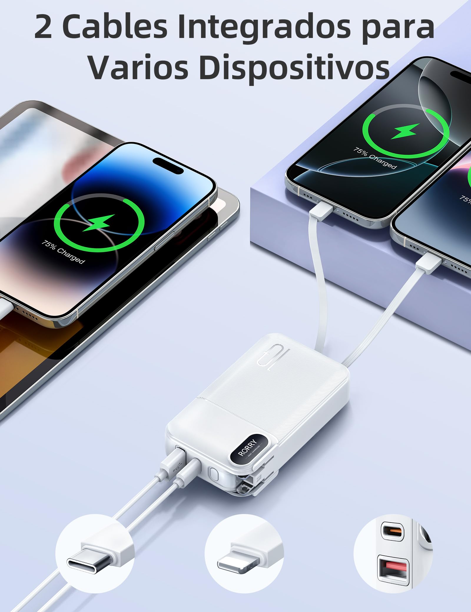Power Bank RORRY Blanco Bateria Portatil 10000 mAh Pila con Enchufe AC Plegable y Cables Integrados