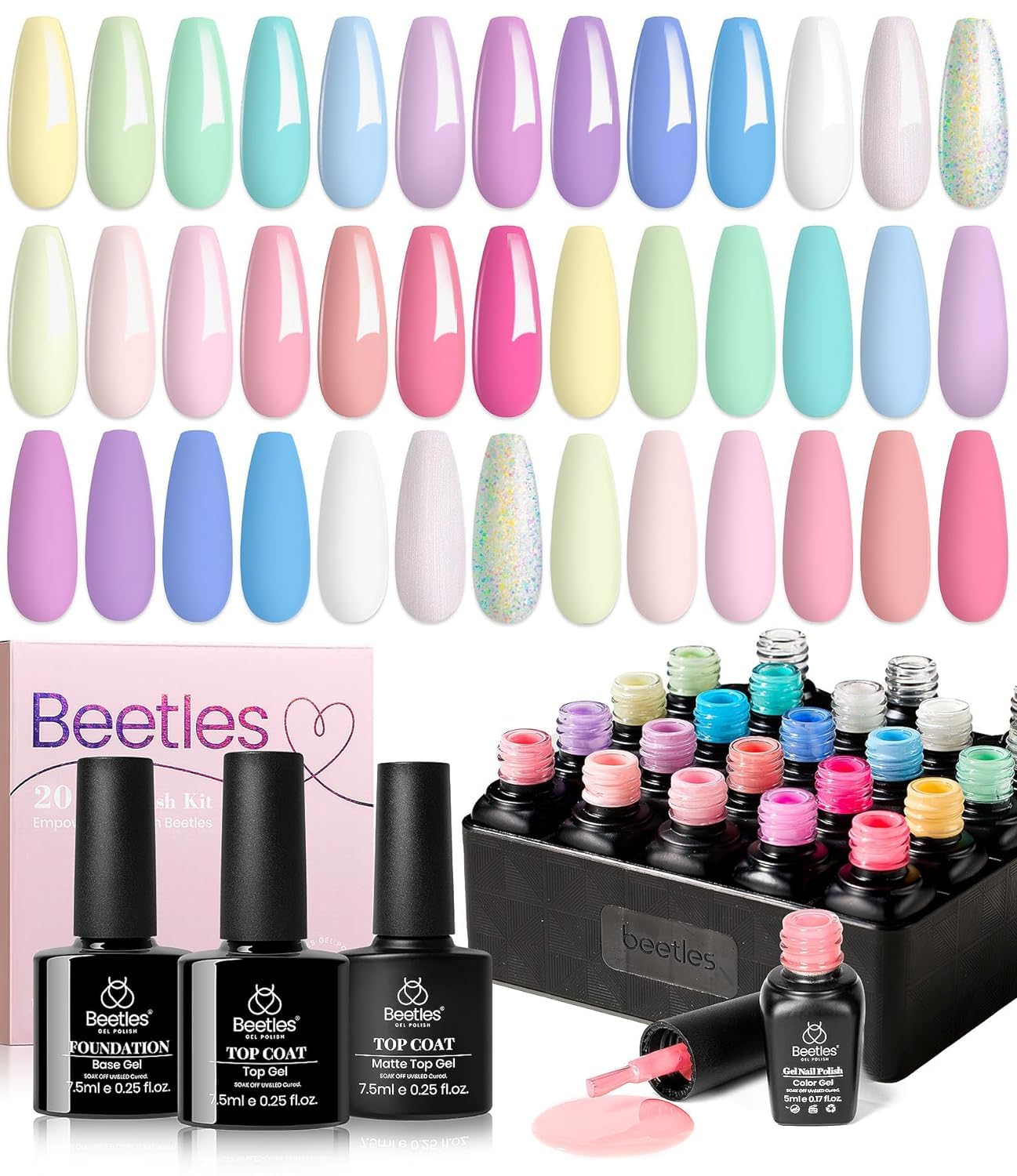 Beetles de esmalte de uñas de gel beetles 20 colores, 3 piezas de acabado mate brillante de base de pegamento rosa primavera - verano 2023 juego de esmalte de uñas de gel de niña Macaroon brillante arte de uñas sólido flash color de niña