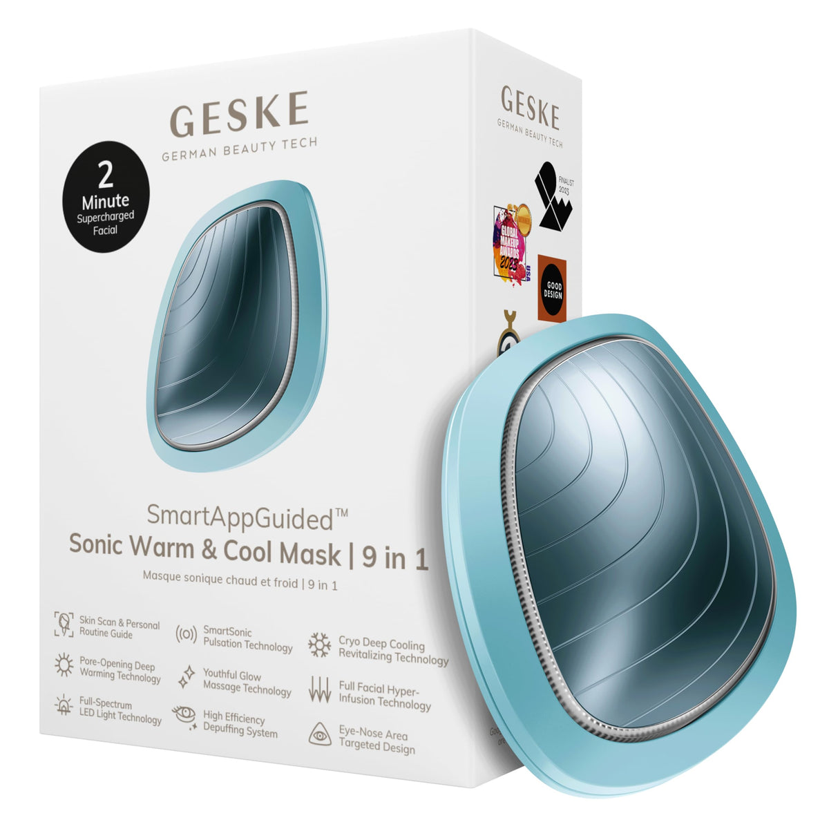 GESKE | SmartAppGuided™ Sonic Warm & Cool Mask | 9 en 1 | Máscara facial LED de belleza | Espectro LED completo y terapia de luz roja | Calor/frío | Mayor absorción de productosl | masajeador facial