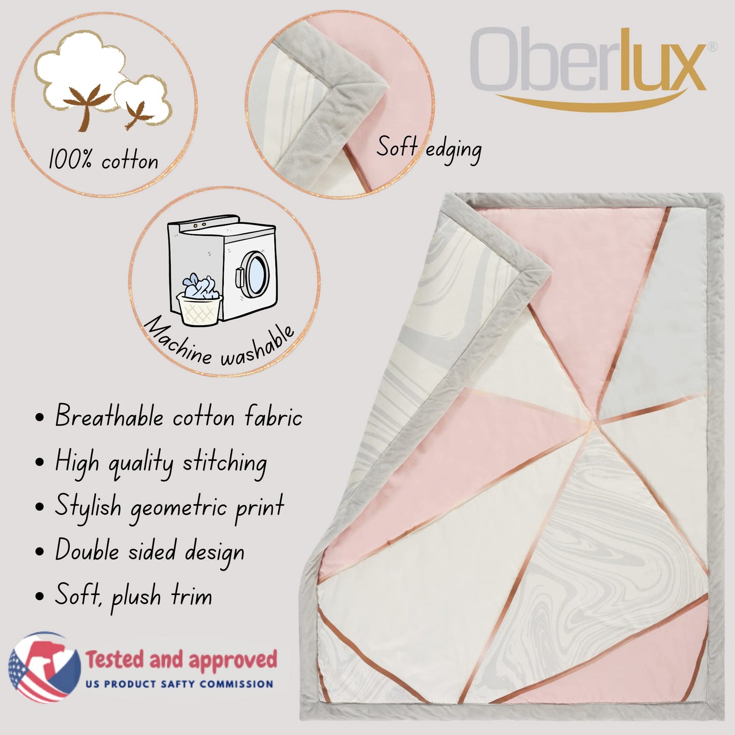 OBERLUX Juego de ropa de cama para cuna para niñas, juego de cama de 4 piezas, geométrico, oro rosa, rosa polvo y mármol, colección preciosa