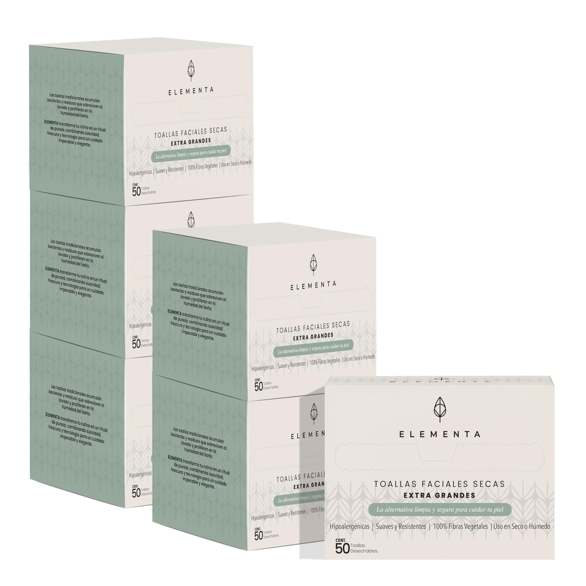 Elementa Toallas Faciales Secas Desechables Extra Grandes (Rostro Limpio y Sin Bacterias), Hipoalergénicas, 100% Biodegradables | Toallitas Desmaquillantes, Skin Care | 6 Paquetes con 50 Toallitas c/u