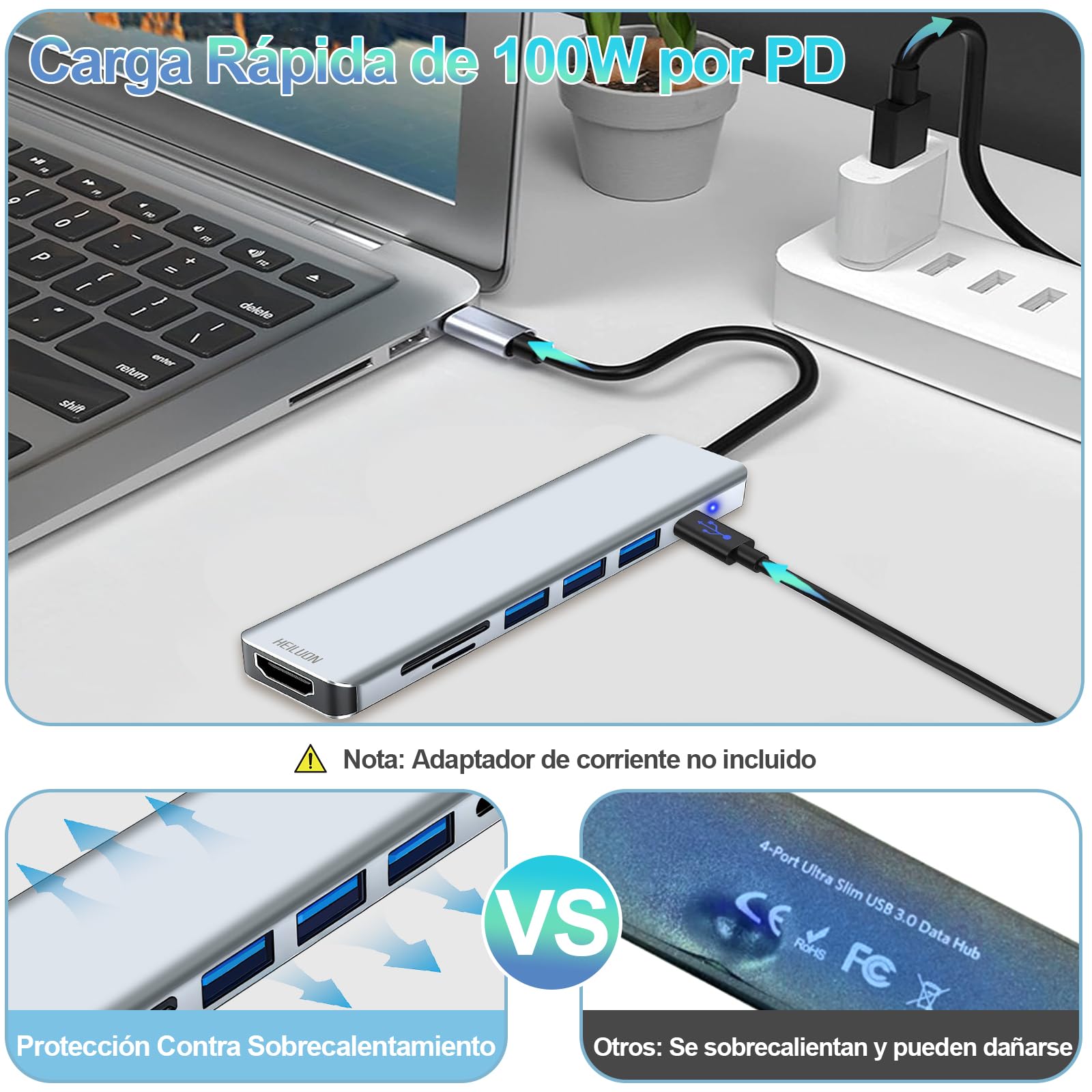 HeiLuon Adaptador Hub USB C 7 en 1 con HDMI 4K, 3 Puertos USB 3.0, Lector de Tarjetas SD, Carga PD 100W, Hub USB C para Laptop, PC Adaptador USB C a hdmi, HDMI a USB C, Tipo C a Hdmi