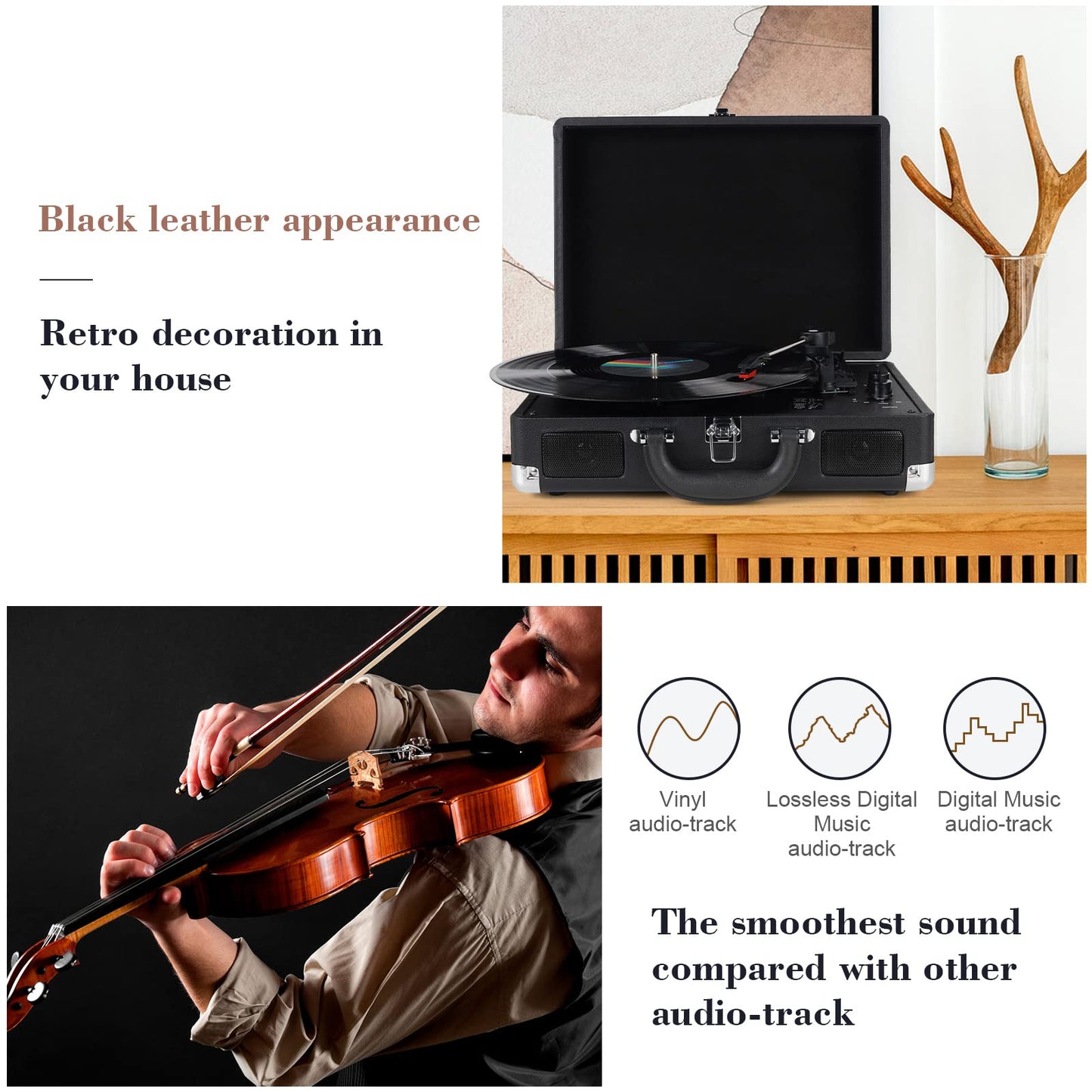 DIGITNOW Reproductor de grabación de tocadiscos de 3 velocidades con altavoces estéreo integrados, soporta salida USB/RCA, conector para auriculares, MP3/teléfonos móviles, reproducción de música, diseño de maleta (negro)