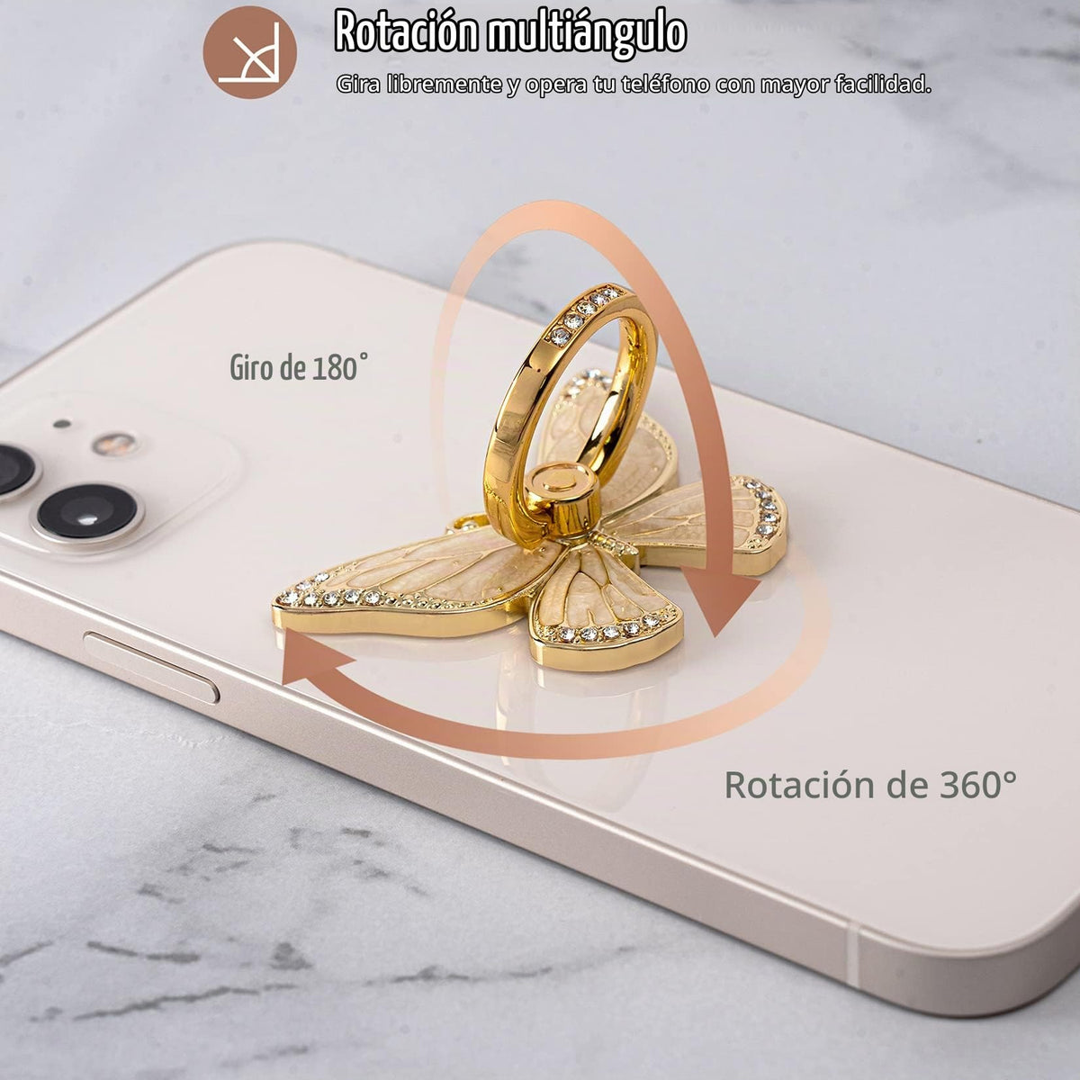 Soporte de Anillo de Cristal Esmaltado con Mariposa Giratoria 360° Para Teléfono Móvil