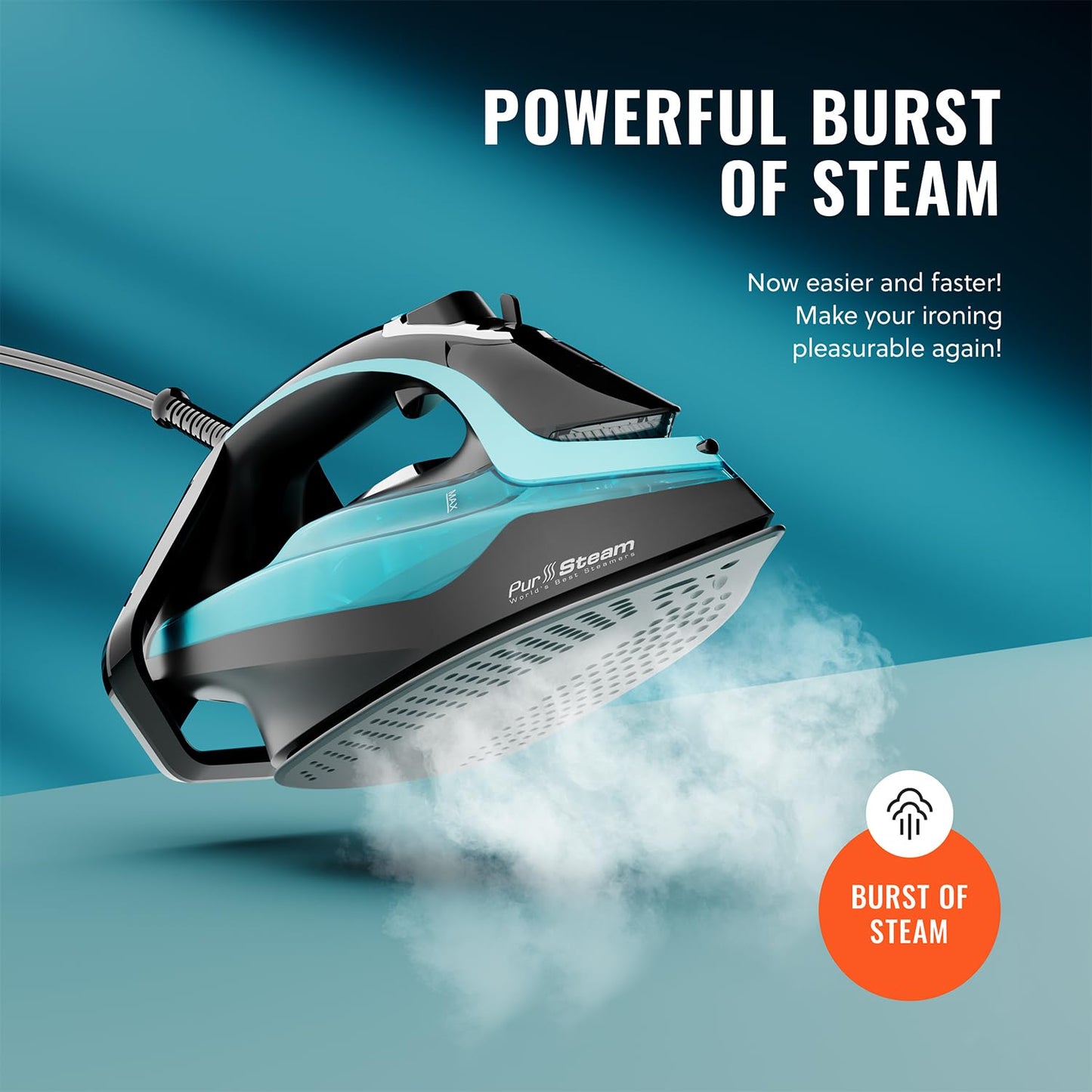 PurSteam SteamTech Elite - Plancha de vapor de 1750 W, control digital de temperatura y visualización LED, suela de cerámica, vapor ajustable, autolimpiable, anticalcio, antigoteo, apagado automático