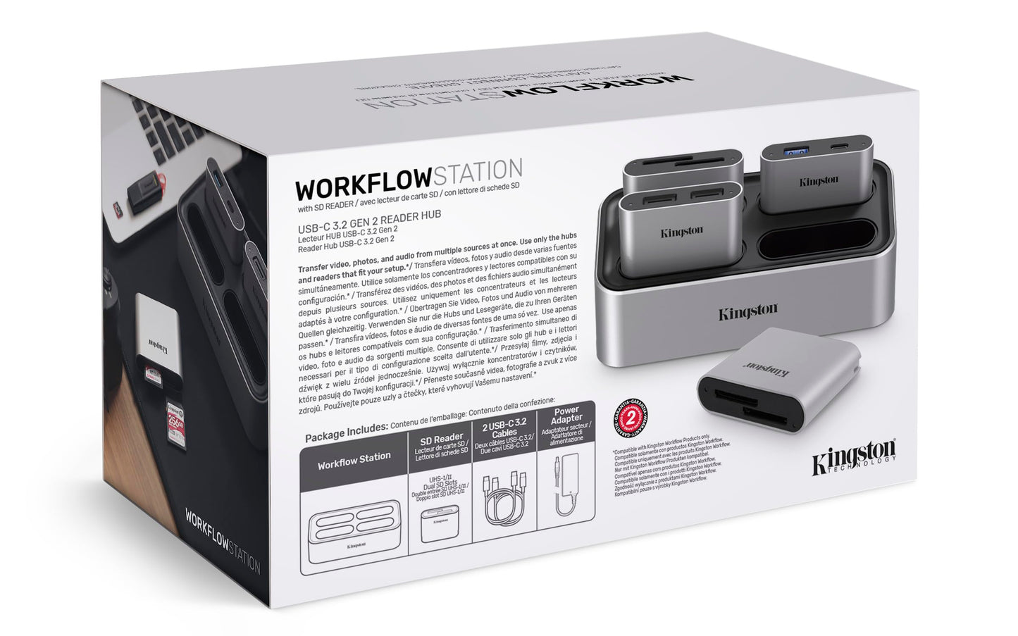 Kingston Lector Workflow Station, Interfaz: USB 3.2 Gen2, minihub USB 3.2 Gen1, Cable USB-C a USB-C, Adaptador De Corriente, SKU: WFS-S