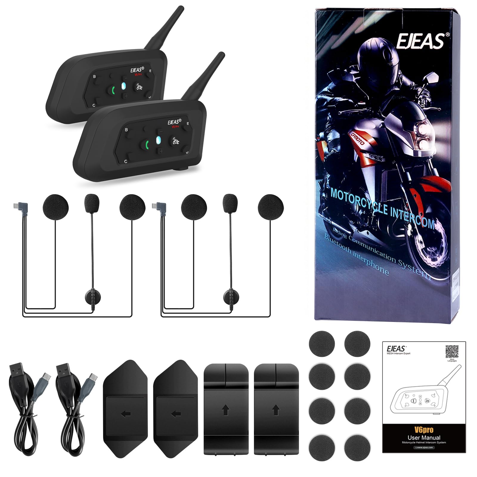 EJEAS V6 Pro Intercomunicador para Casco de Moto, 2 Riders 1200M Sistema de Comunicación Universal con Cancelación de Ruido y Resistente al Agua para Dirt Bike/ATV/Moto de Nieve (2PCS)