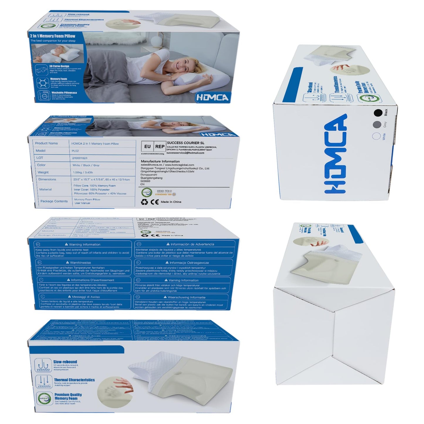 HOMCA Almohada Cervical de Espuma con Memoria, 2 en 1 Almohada Ortopédica de Contorno Ergonómico para el Dolor de Cuello, Almohadas de Soporte Contorneadas para Dormidores de Lado Espalda Estómago