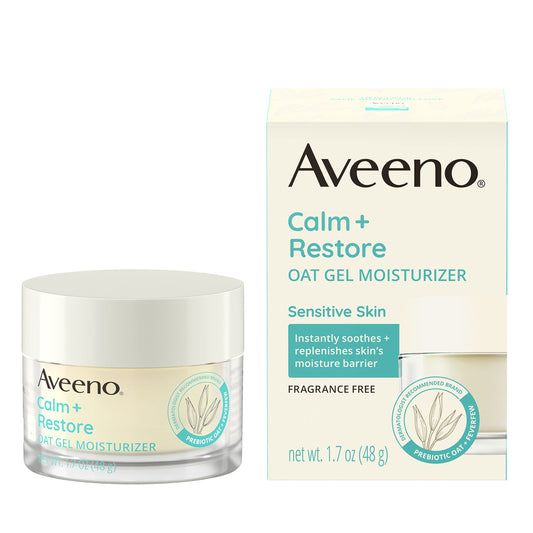 Aveeno Calm + Restore - Hidratante facial de gel de avena para pieles sensibles, crema de gel ligera hidratante facial con avena prebiótica y fiebre, hipoalergénico, sin fragancia y parabenos, 1.7 onzas