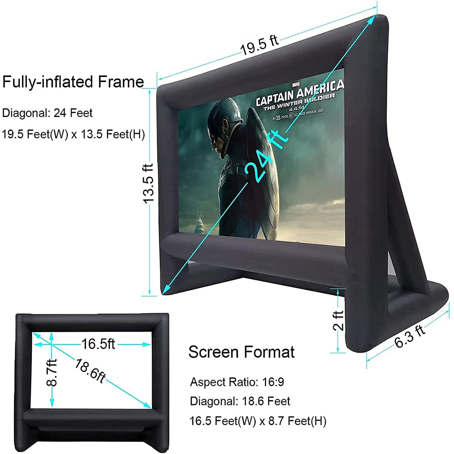 QILEBA - Proyector inflable de 24 pies para exteriores, interior, pantalla de cine, pantalla de proyección de cine inflable portátil, con soplador de aire, amarres y bolsa de almacenamiento, para noches de película en la piscina en el patio trasero
