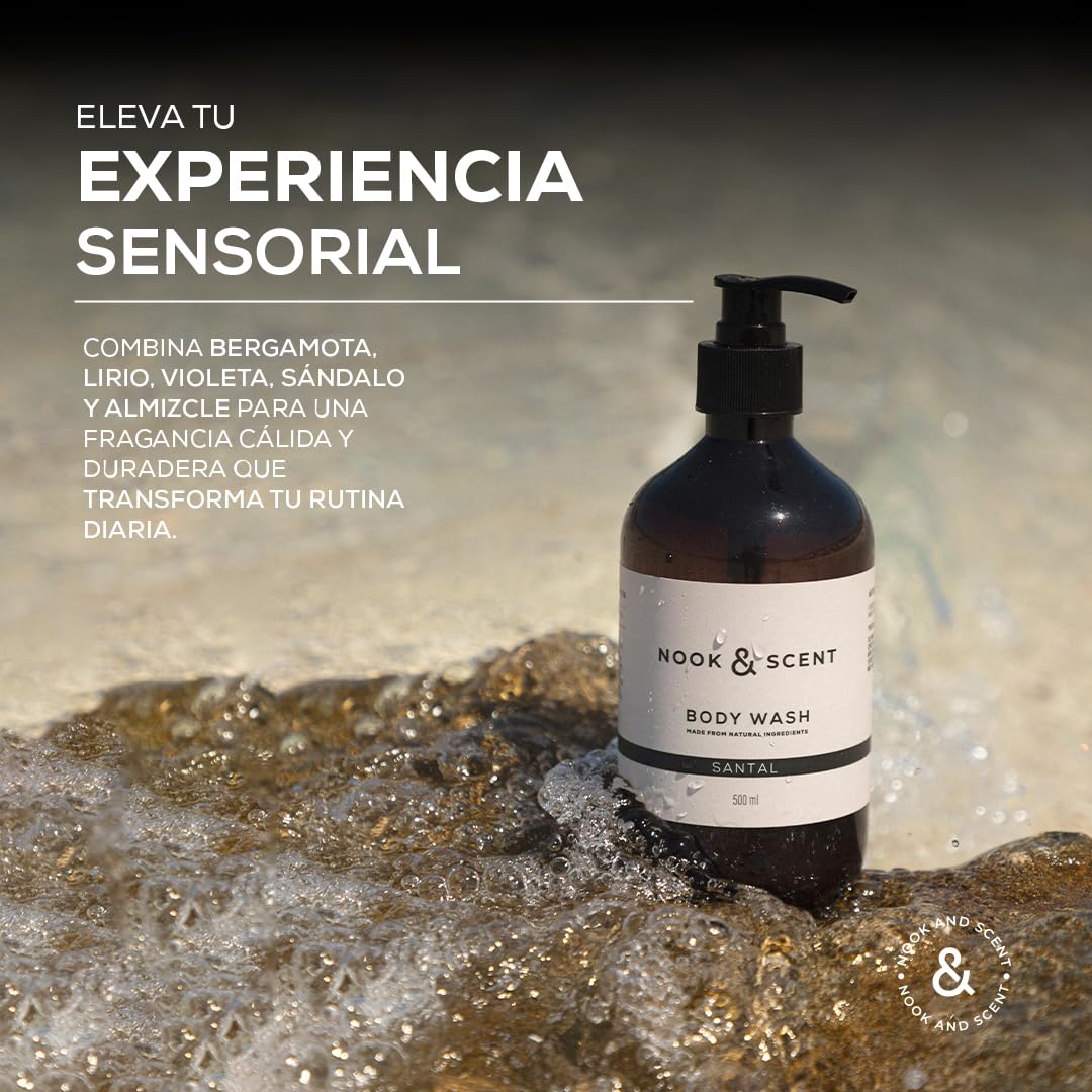 Body Wash Santal | 500 ml | Limpieza e Hidratación | Libre de Sulfatos y Parabenos, Vegano, Aceites esenciales, Aroma Amaderado y Sofisticado | Gel de Baño Nook & Scent