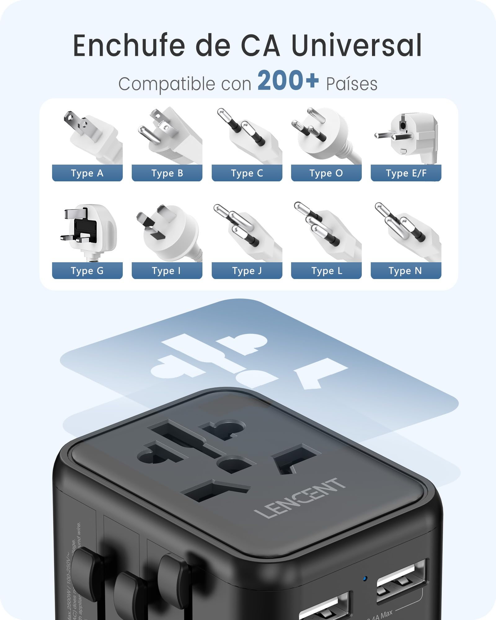 LENCENT Adaptador Enchufe Universal, Enchufe Internacional con 2 Puertos USB, Cargador de Viaje para Europa, Americano, Canadá, Reino Unido, Australia, Adaptador Viaje para Más de 200 Países, Negro