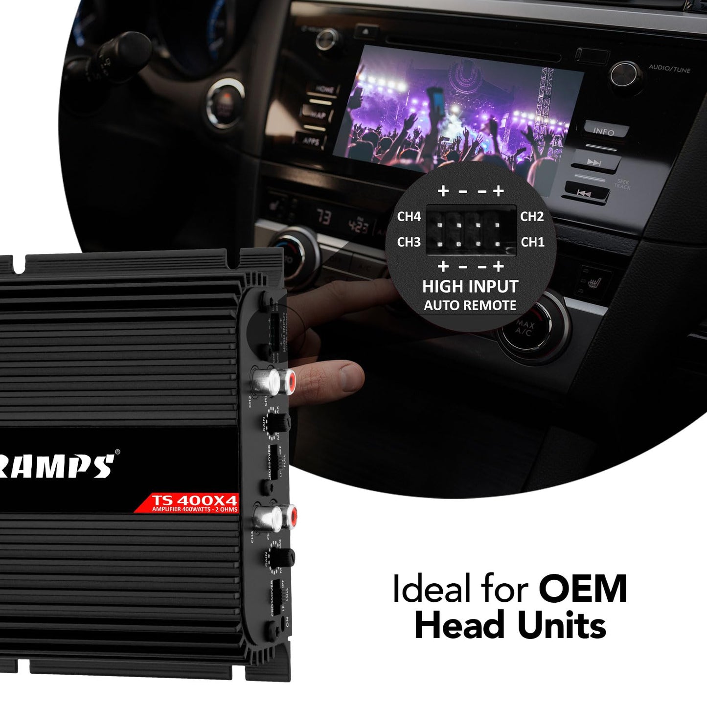 Amplificador de Audio para Coche Taramps TS 400x4 Negro Entrada Automática 400 Vatios RMS Rango Completo Multicanal