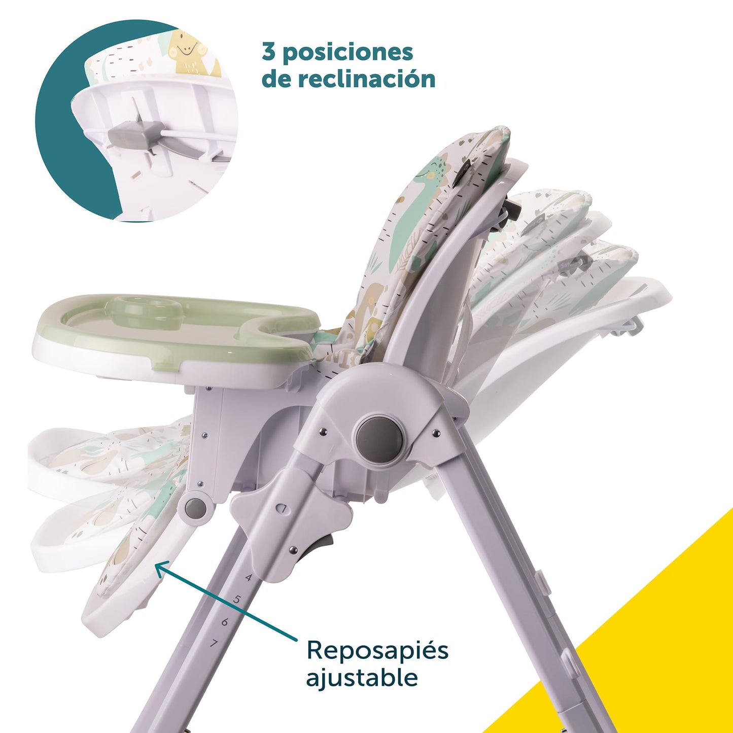 Safety 1st Silla Alta Periquera Tavola, Dinosaurios, 7 posiciones de altura, 3 de reclinación, reposapiés ajustable, doble charola, plegado compacto.